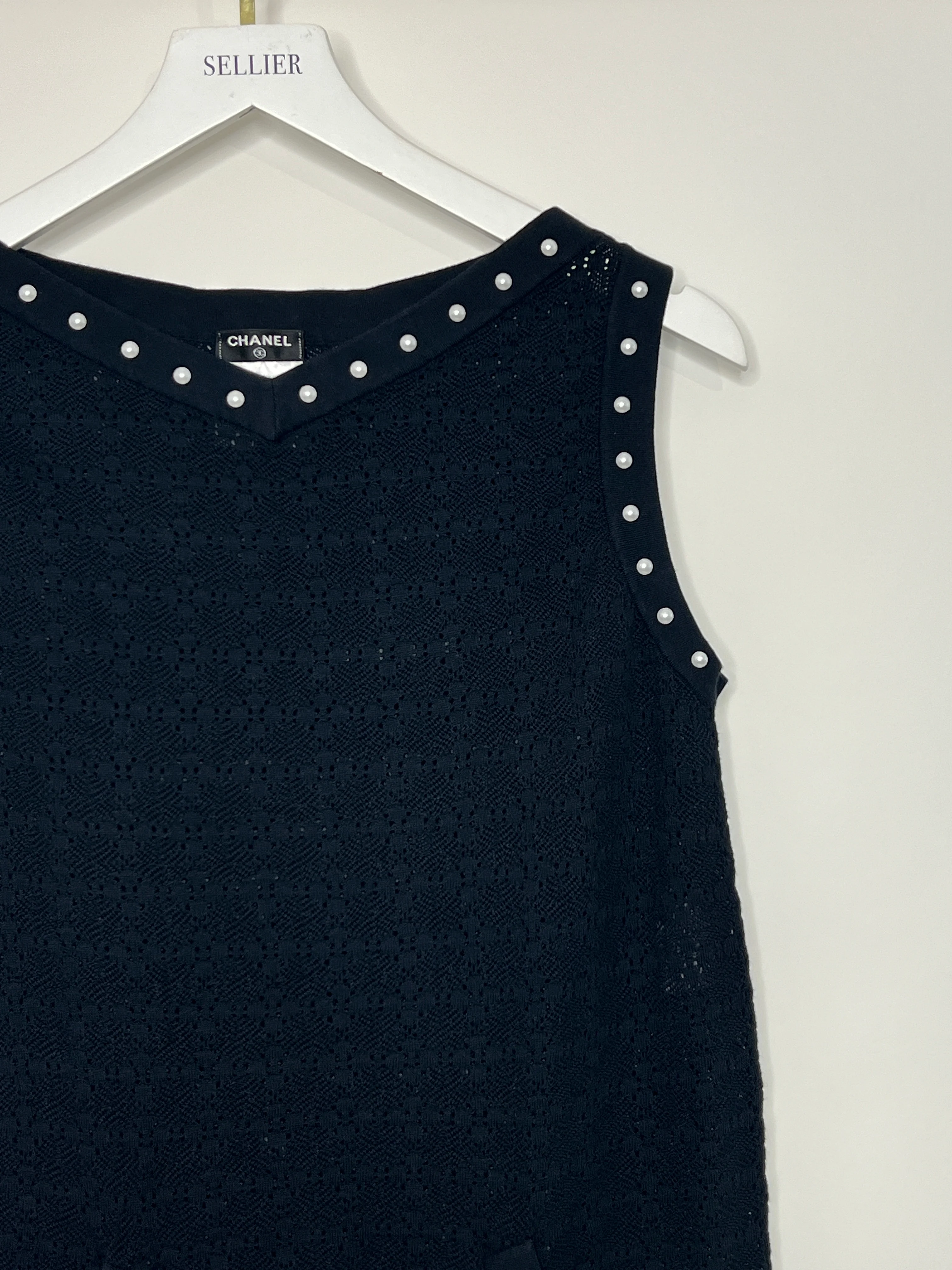 Chanel Navy Crochet Vest Top with Pearl Trim and Front Pocket Detail FR 34 (UK 6) - Image 5