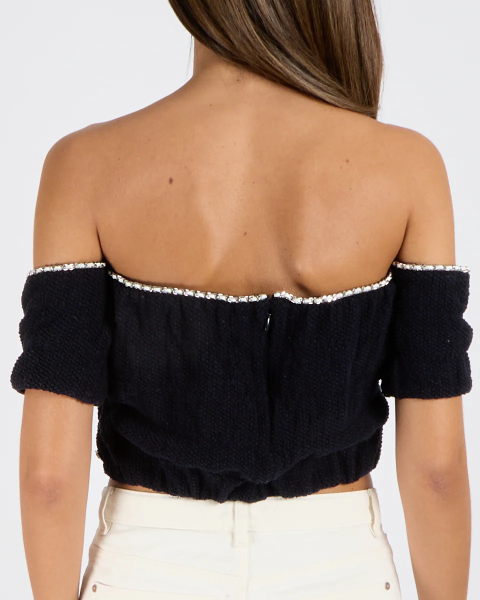 Chanel Cruise 2021 Navy Knit Short-Sleeved Crop Top with Silver and White Leather Chain Trims and Silver CC Logo Button Detail Size FR 38 (UK 10) - Image 2