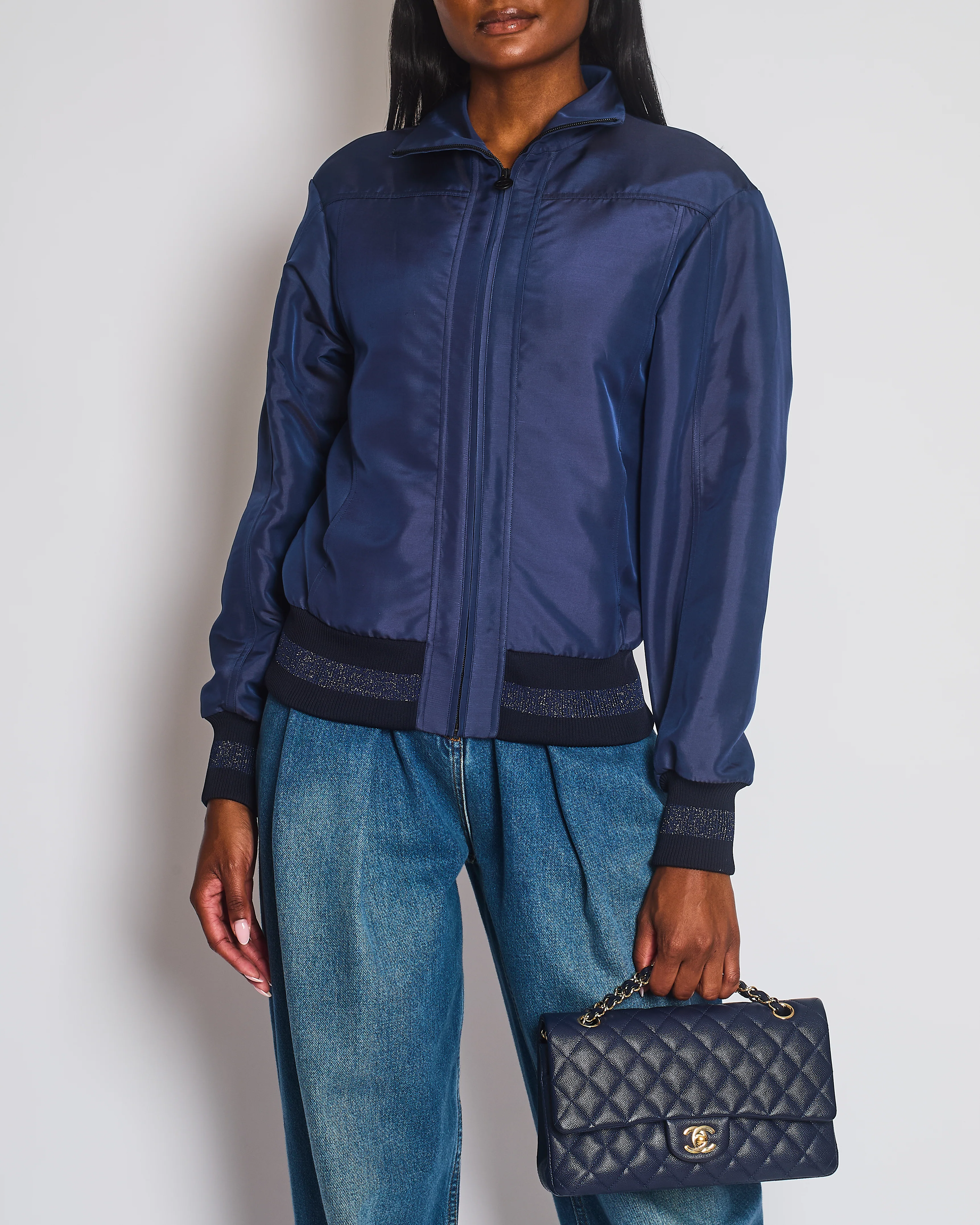 Chanel 17/A Navy Satin Bomber Jacket with Glitter Trim and CC Button Detail Size FR 34 (UK 6) - Image 2
