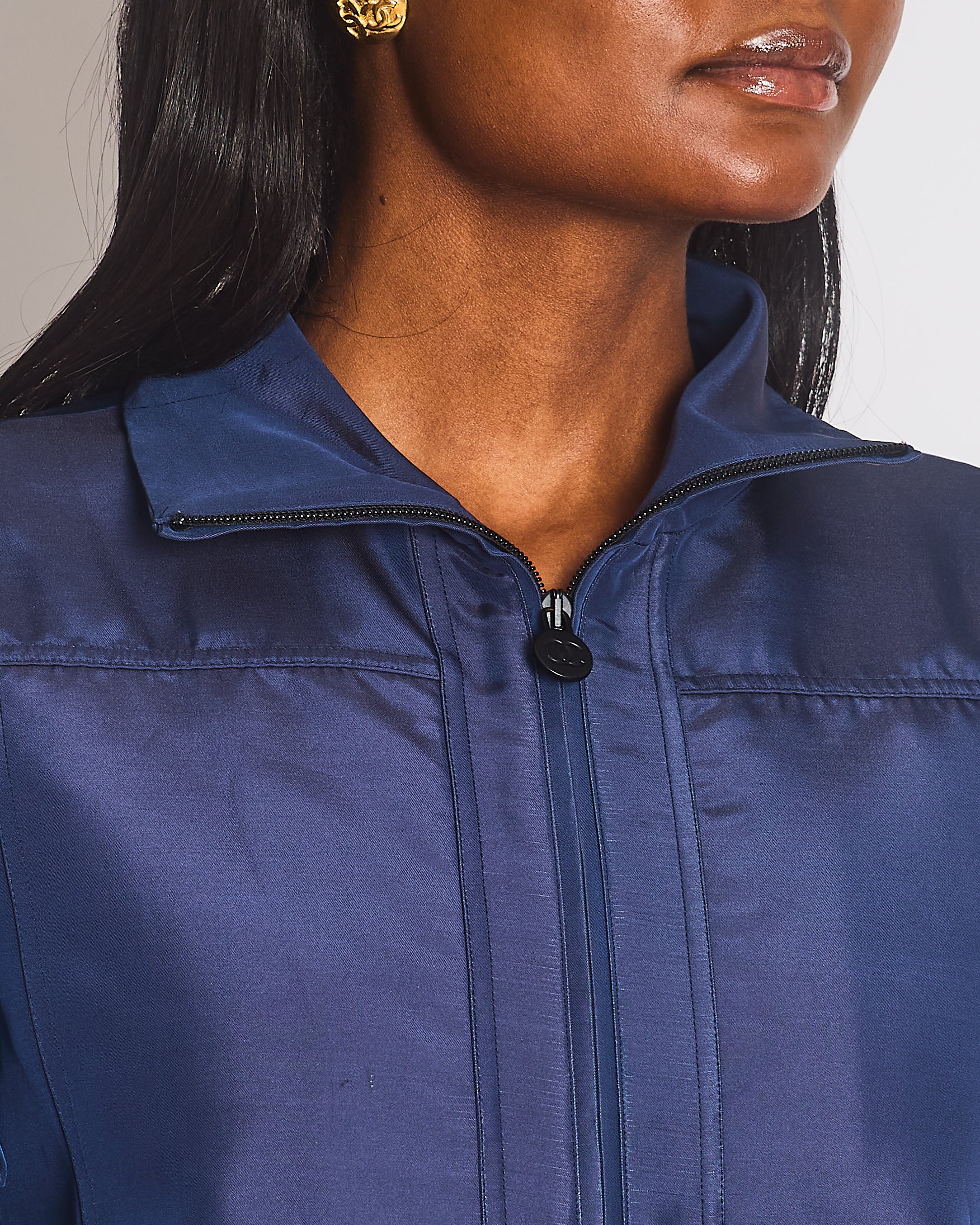 Chanel 17/A Navy Satin Bomber Jacket with Glitter Trim and CC Button Detail Size FR 34 (UK 6) - Image 3