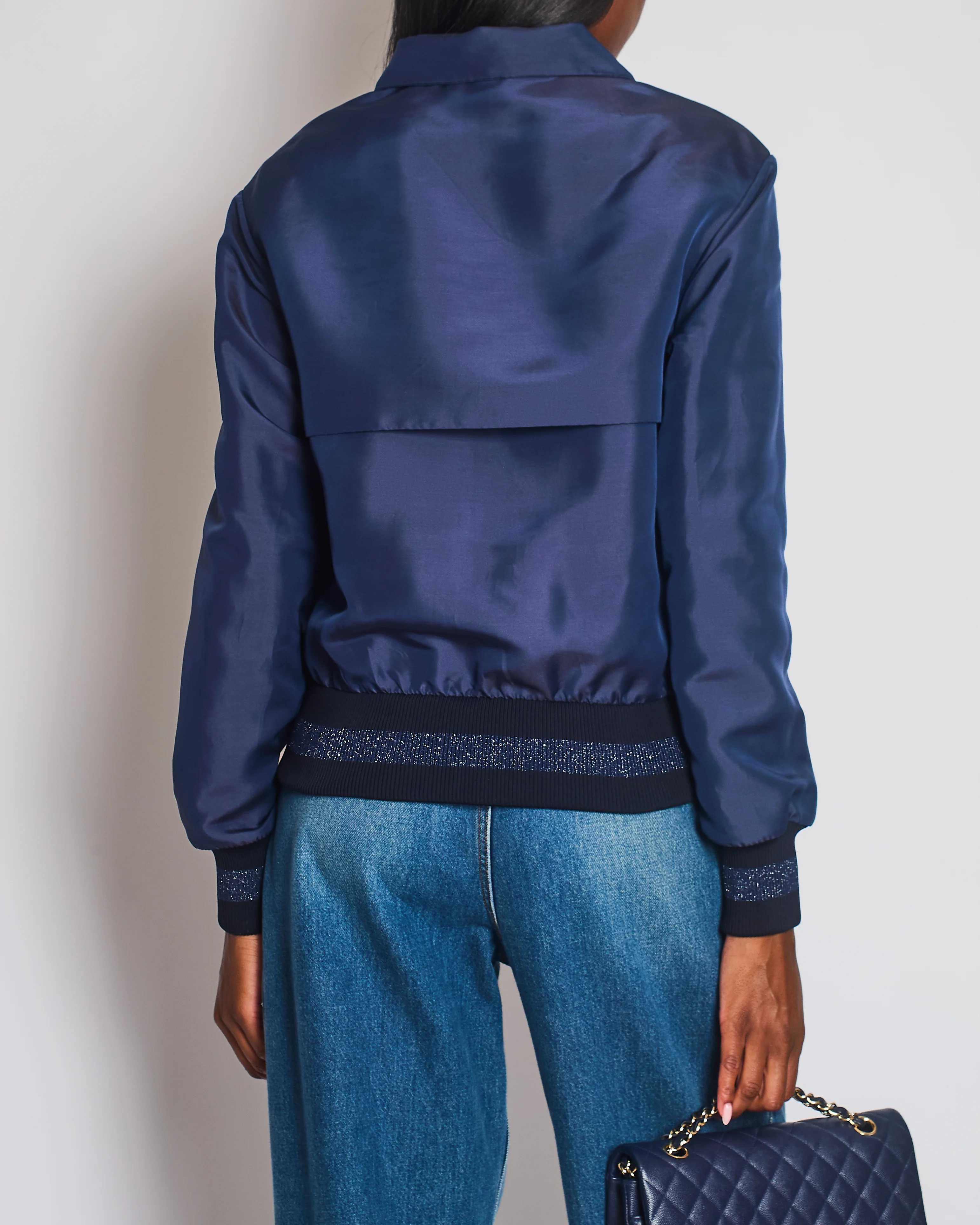 Chanel 17/A Navy Satin Bomber Jacket with Glitter Trim and CC Button Detail Size FR 34 (UK 6) - Image 5