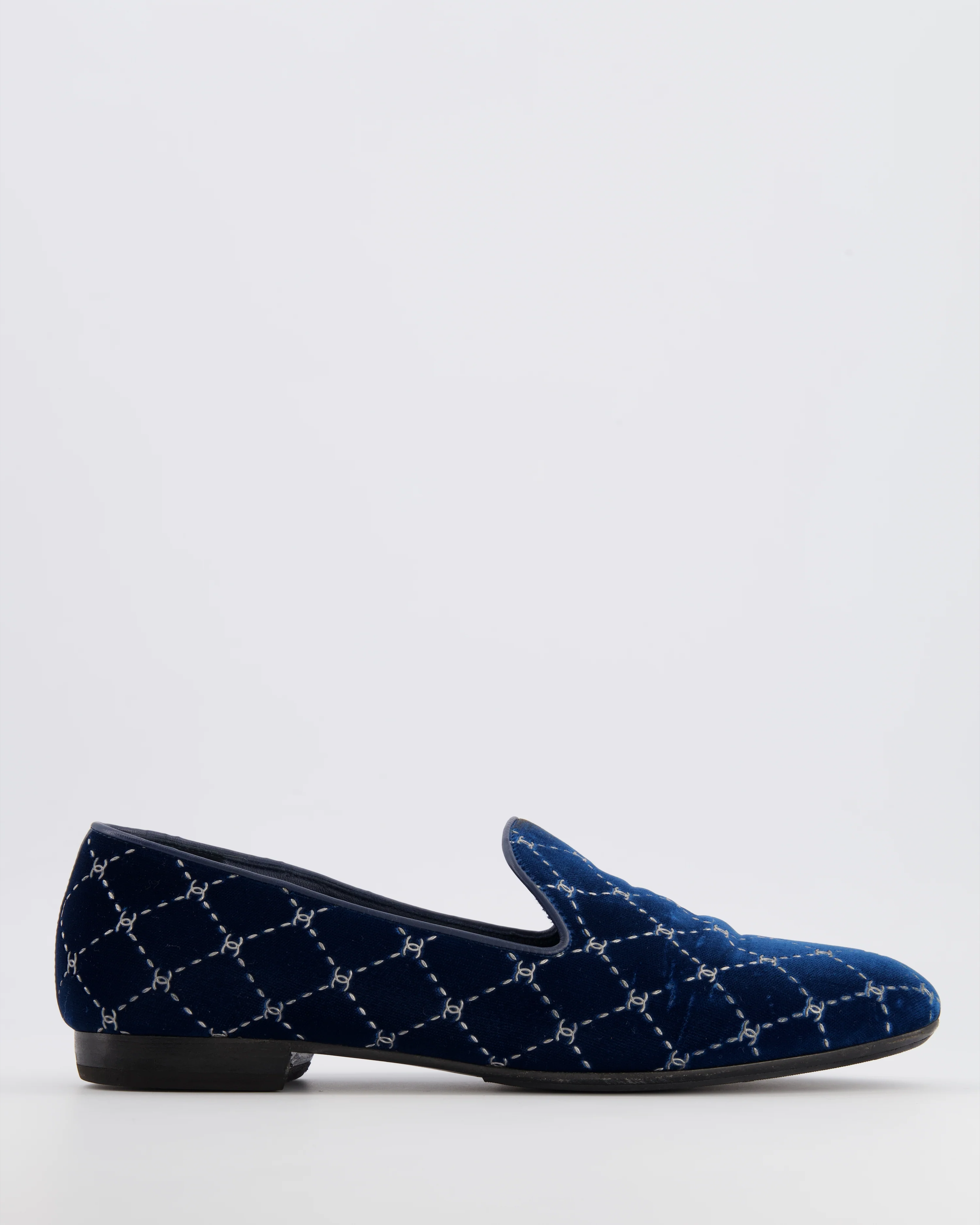 Chanel Navy Velour Loafers with Silver Diamond Stitch Pattern and CC Logos Size EU 40C