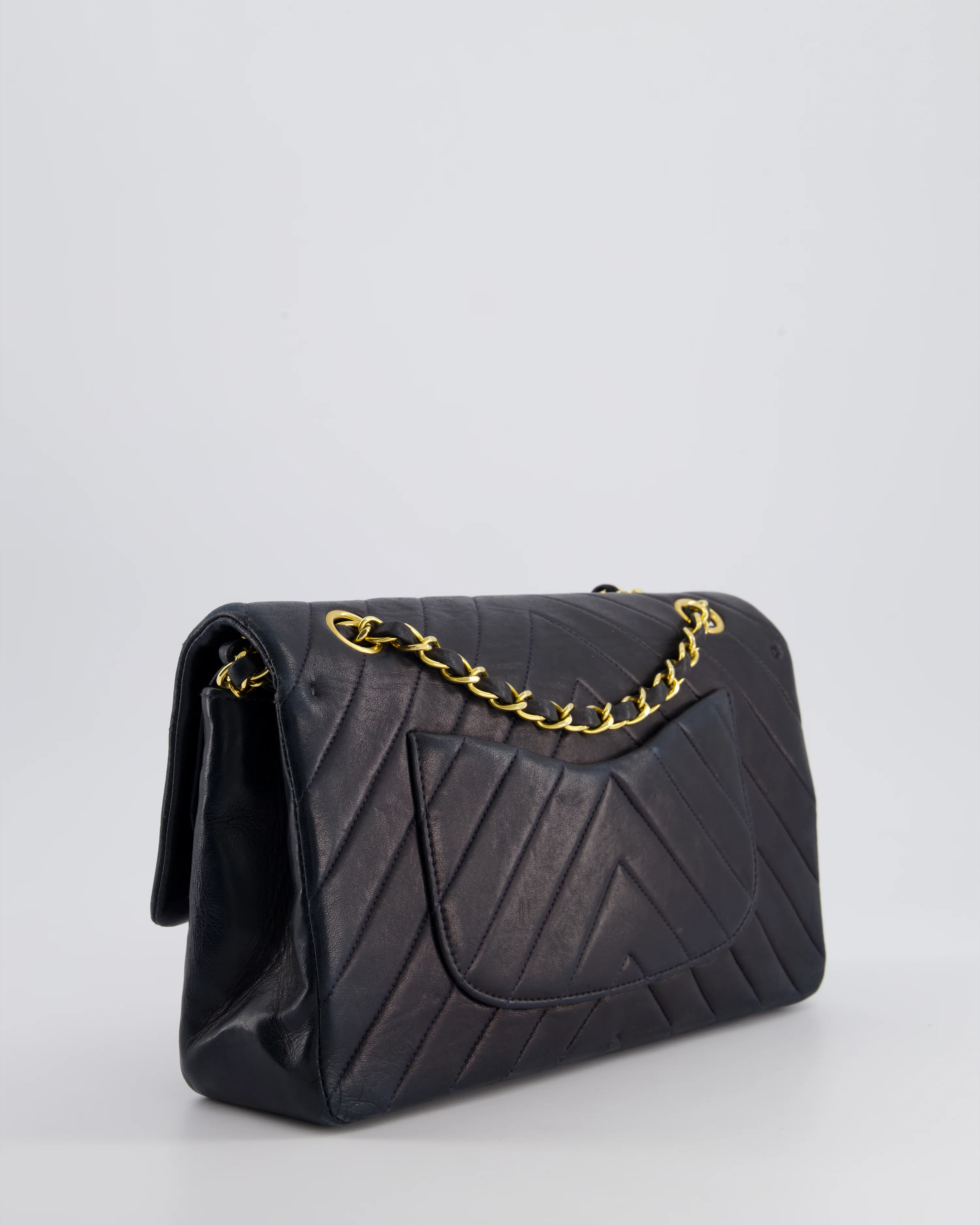 Chanel Navy Vintage Classic Medium Chevron Double Flap Bag in Lambskin Leather with 24K Gold Hardware - Image 10