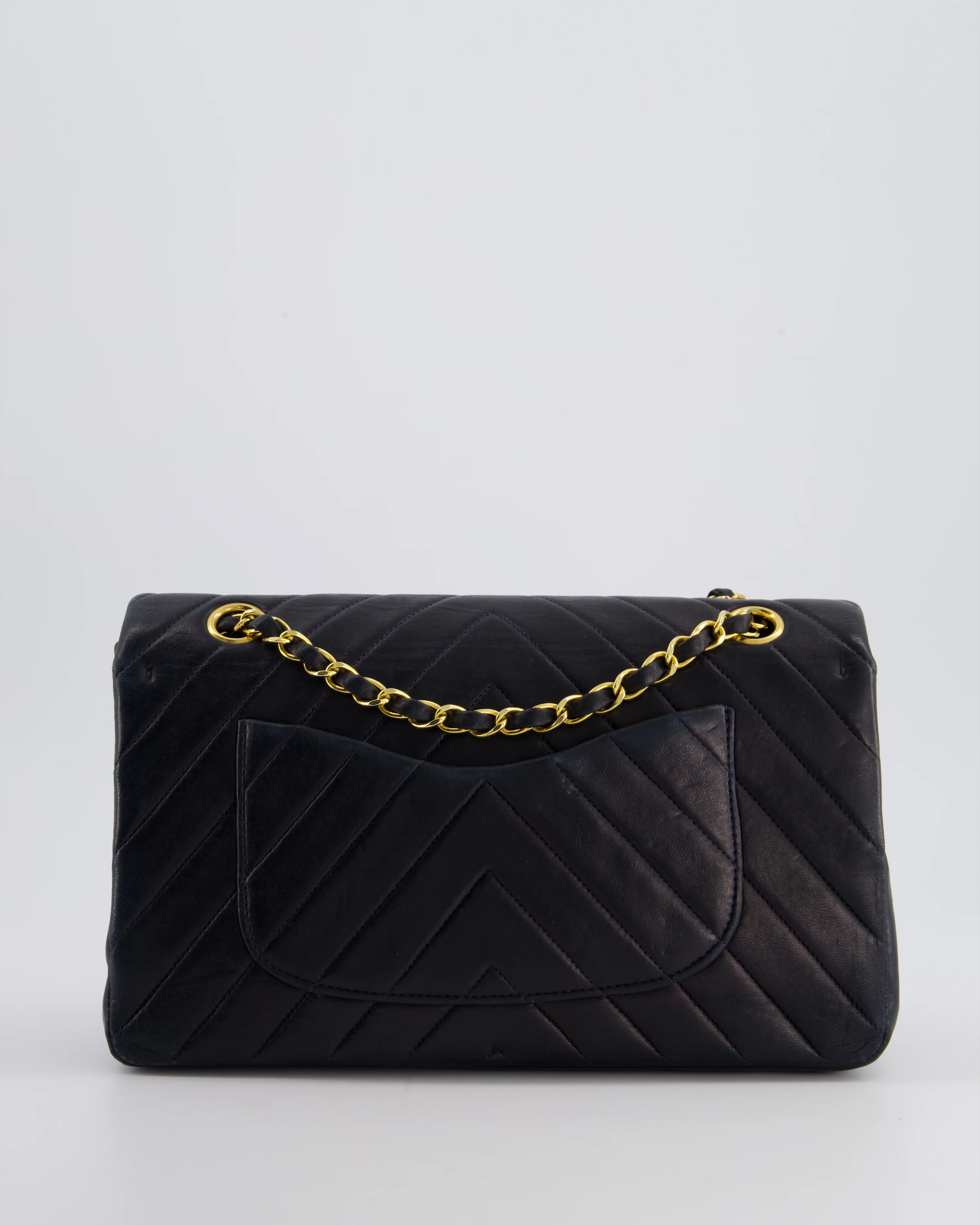 Chanel Navy Vintage Classic Medium Chevron Double Flap Bag in Lambskin Leather with 24K Gold Hardware - Image 9