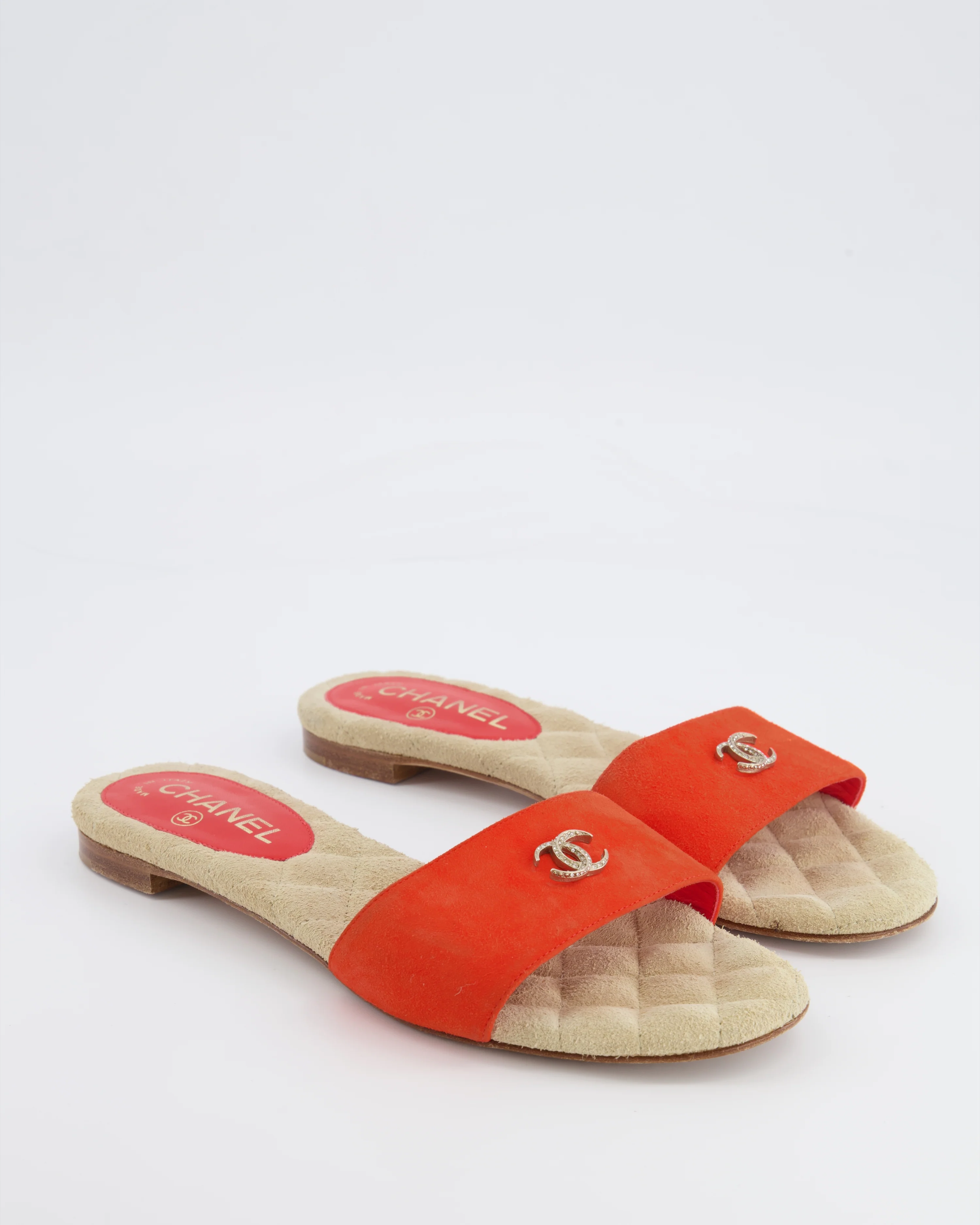 Chanel Orange Suede Mules with Crystal CC Logo Details Size 38.5 - Image 2