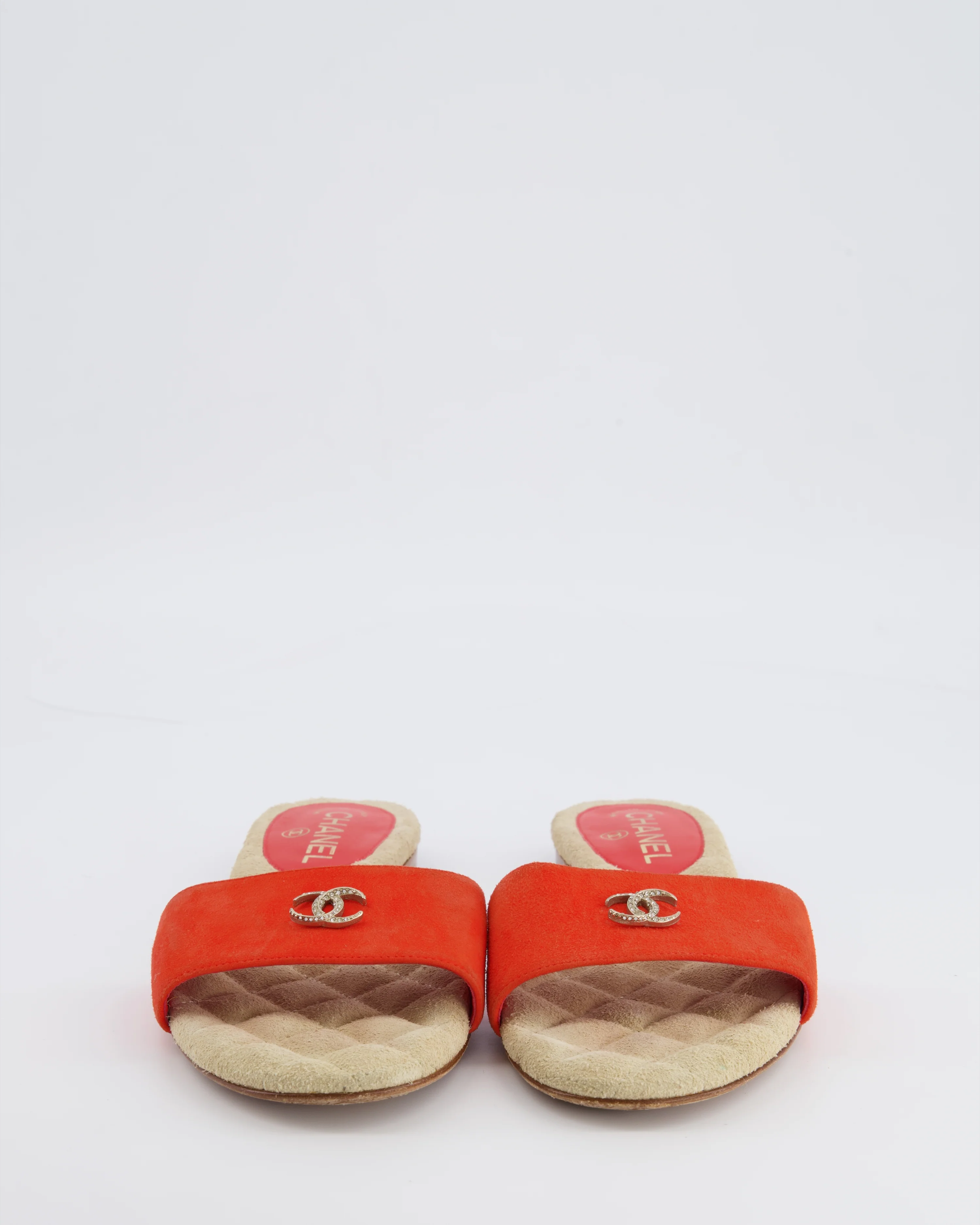 Chanel Orange Suede Mules with Crystal CC Logo Details Size 38.5 - Image 4