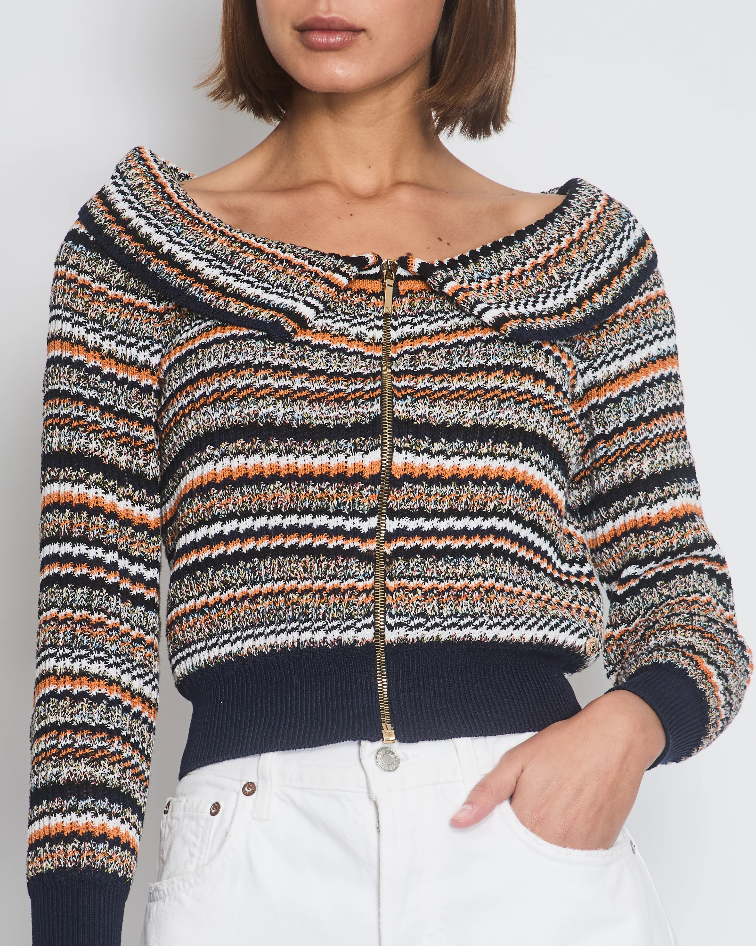 Chanel Orange, White & Navy Tweed Zip Up Cardigan FR 36 (UK 8) - Image 4
