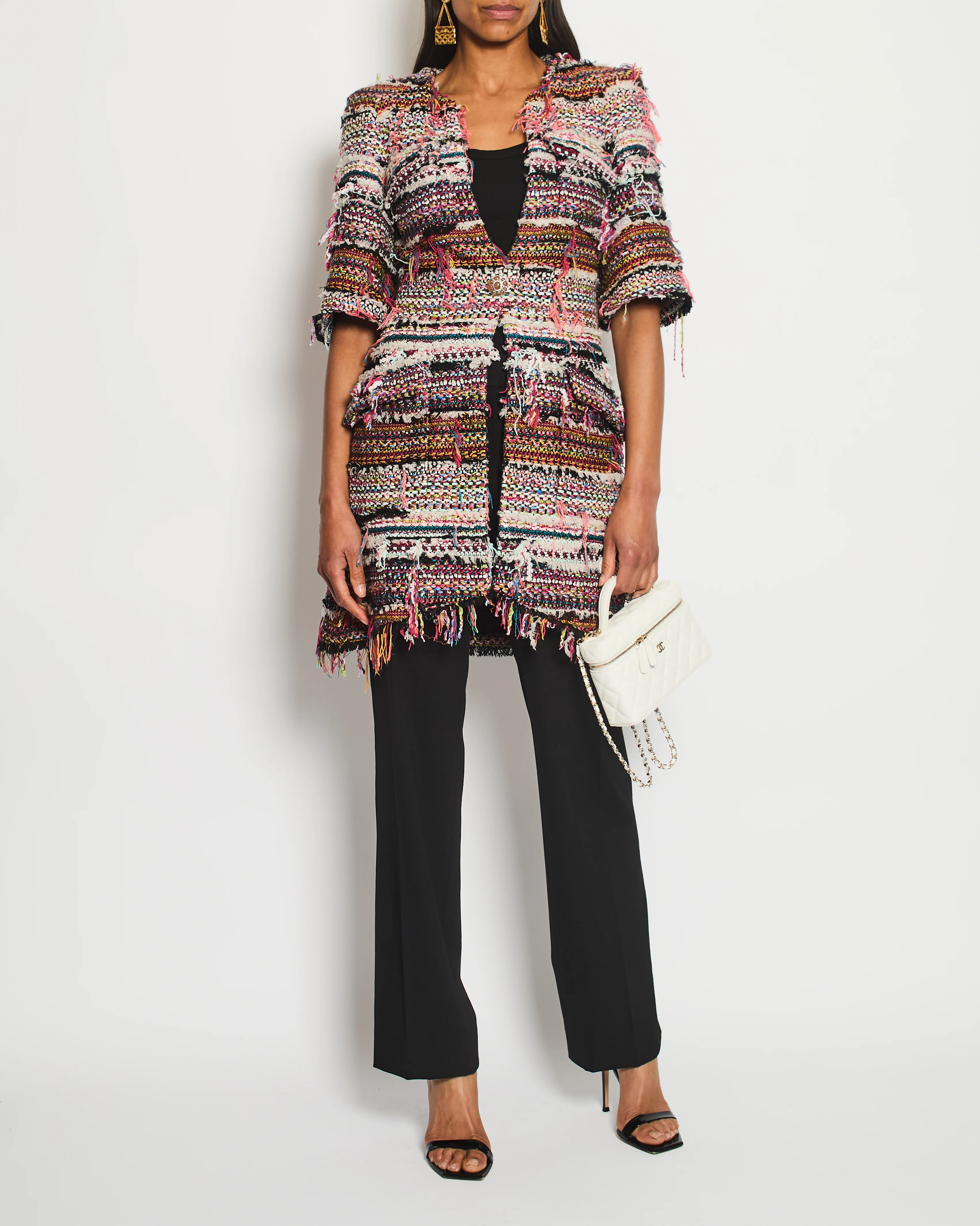 Chanel Paris/Dubai 2015 Pink Fantasy Set Frayed Tweed Short Sleeve Jacket Size FR 34 (UK 6)