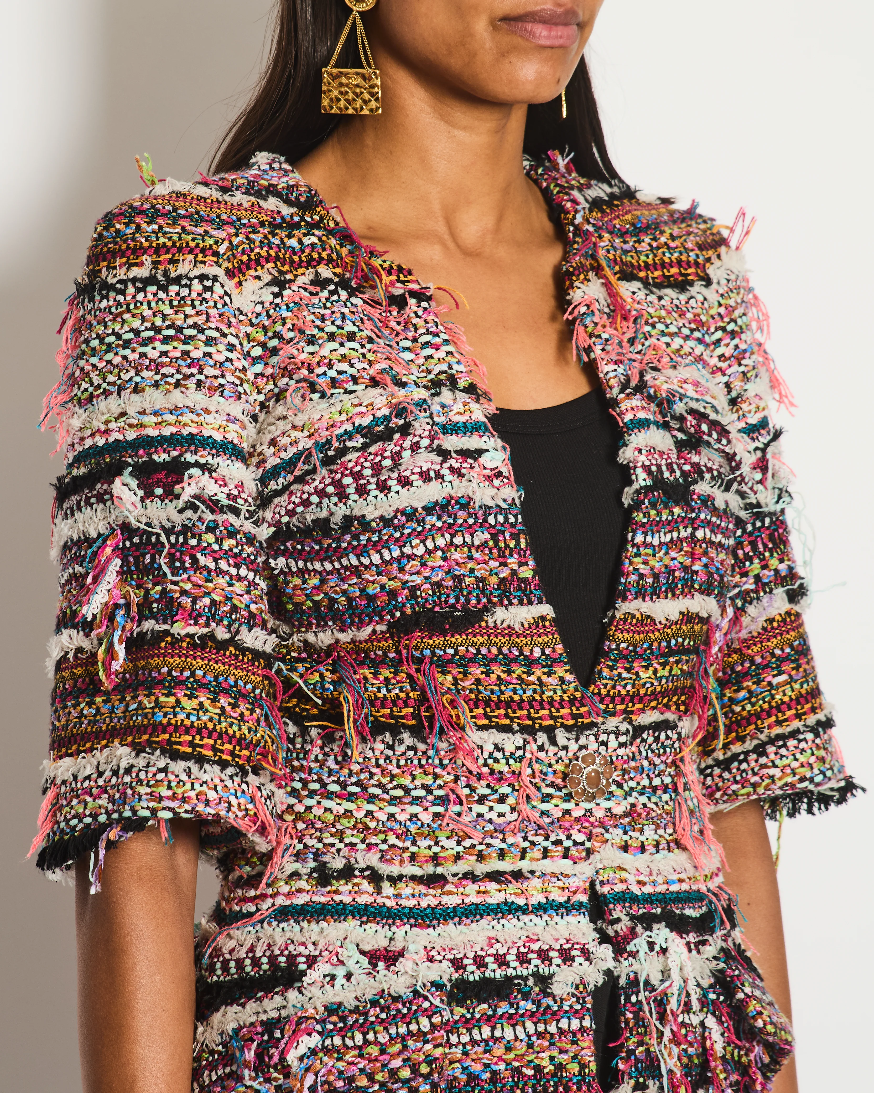 Chanel Paris/Dubai 2015 Pink Fantasy Set Frayed Tweed Short Sleeve Jacket Size FR 34 (UK 6) - Image 4