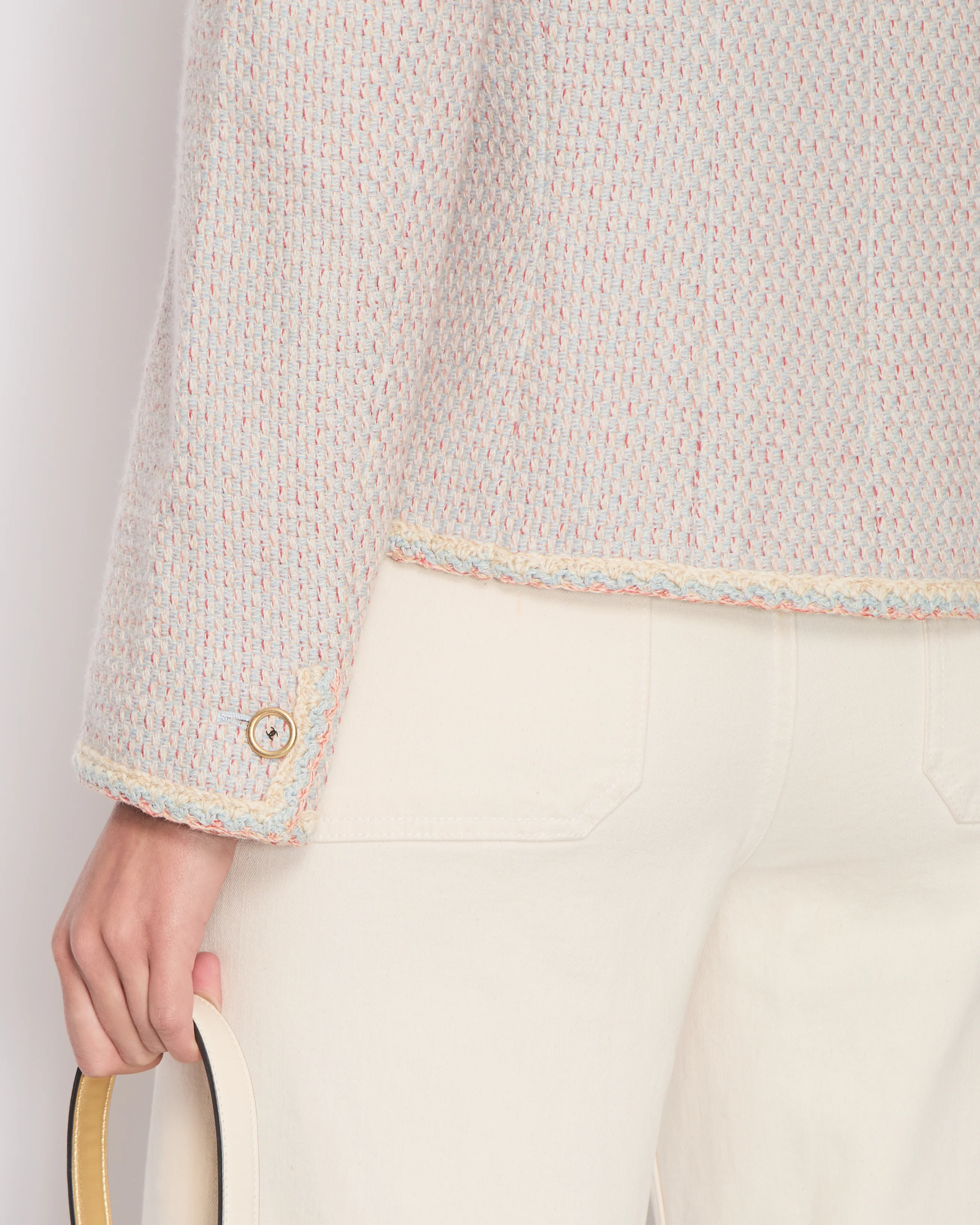 Chanel 01/A Pastel Blue, Pink and Beige Tweed Jacket with Transparent CC Logo Button Details Size FR 44 (UK 16) - Image 4