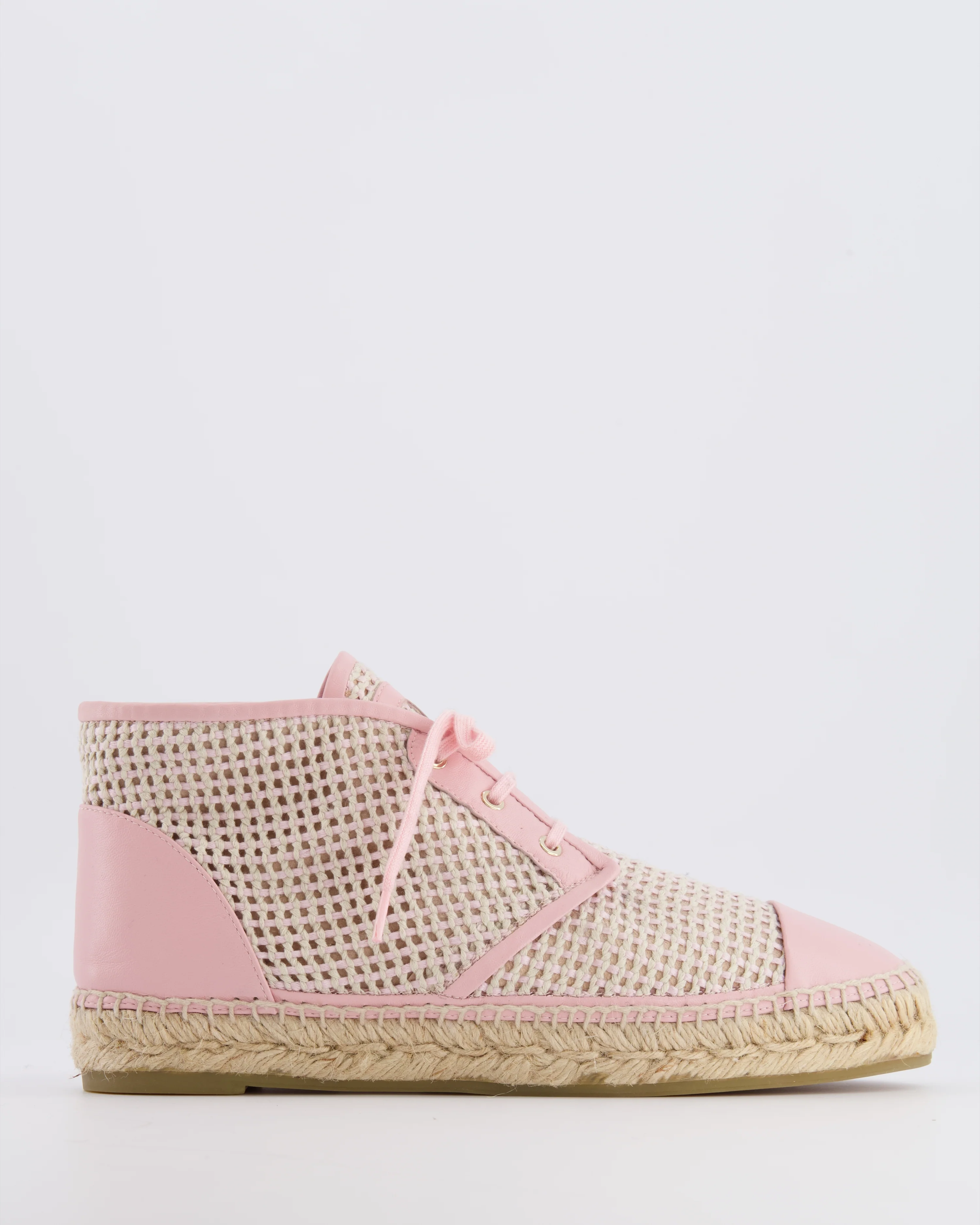 Chanel Pink and Beige Woven Espadrille Lace Up Shoes with CC Logo Detail Size EU 39C