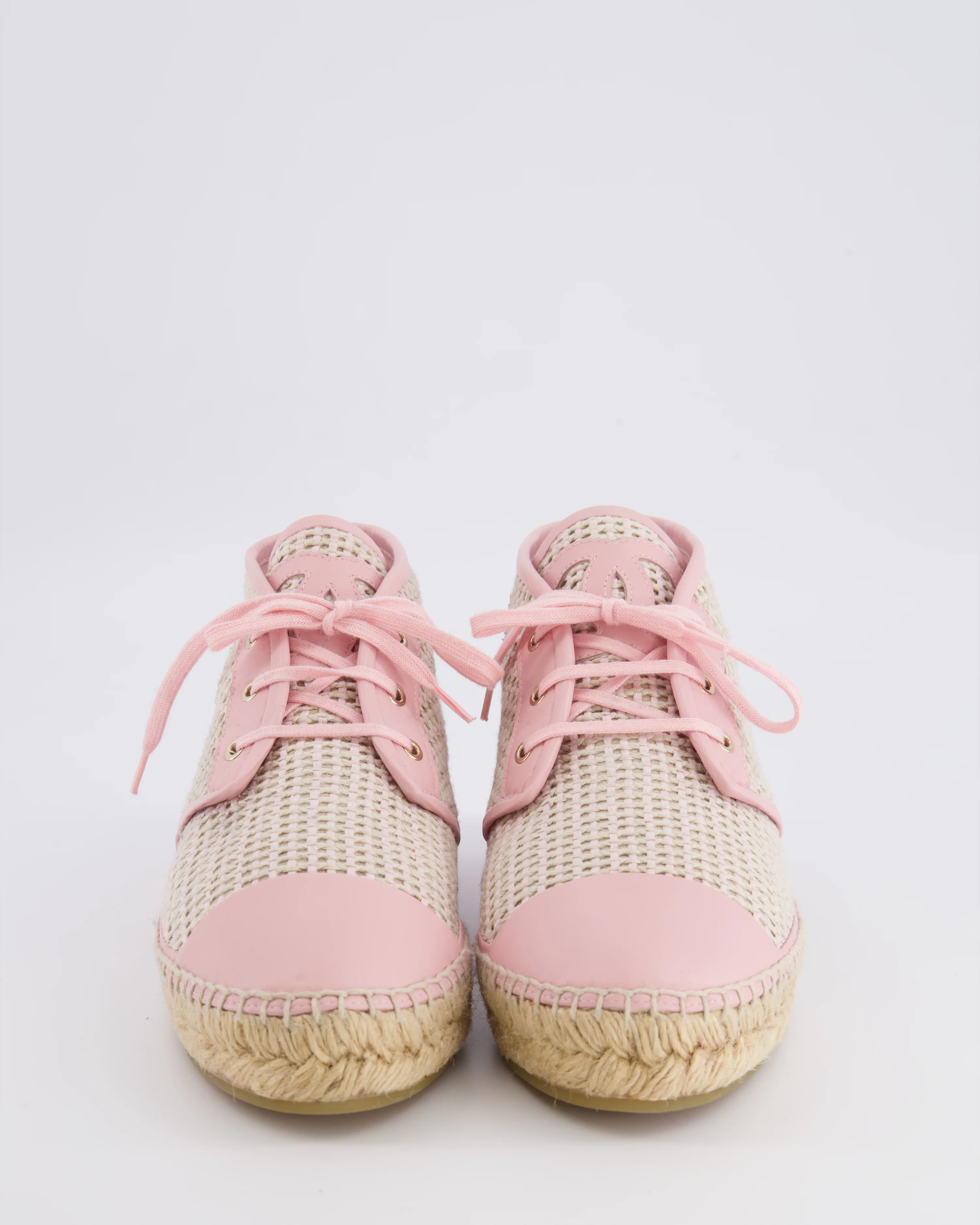 Chanel Pink and Beige Woven Espadrille Lace Up Shoes with CC Logo Detail Size EU 39C - Image 4
