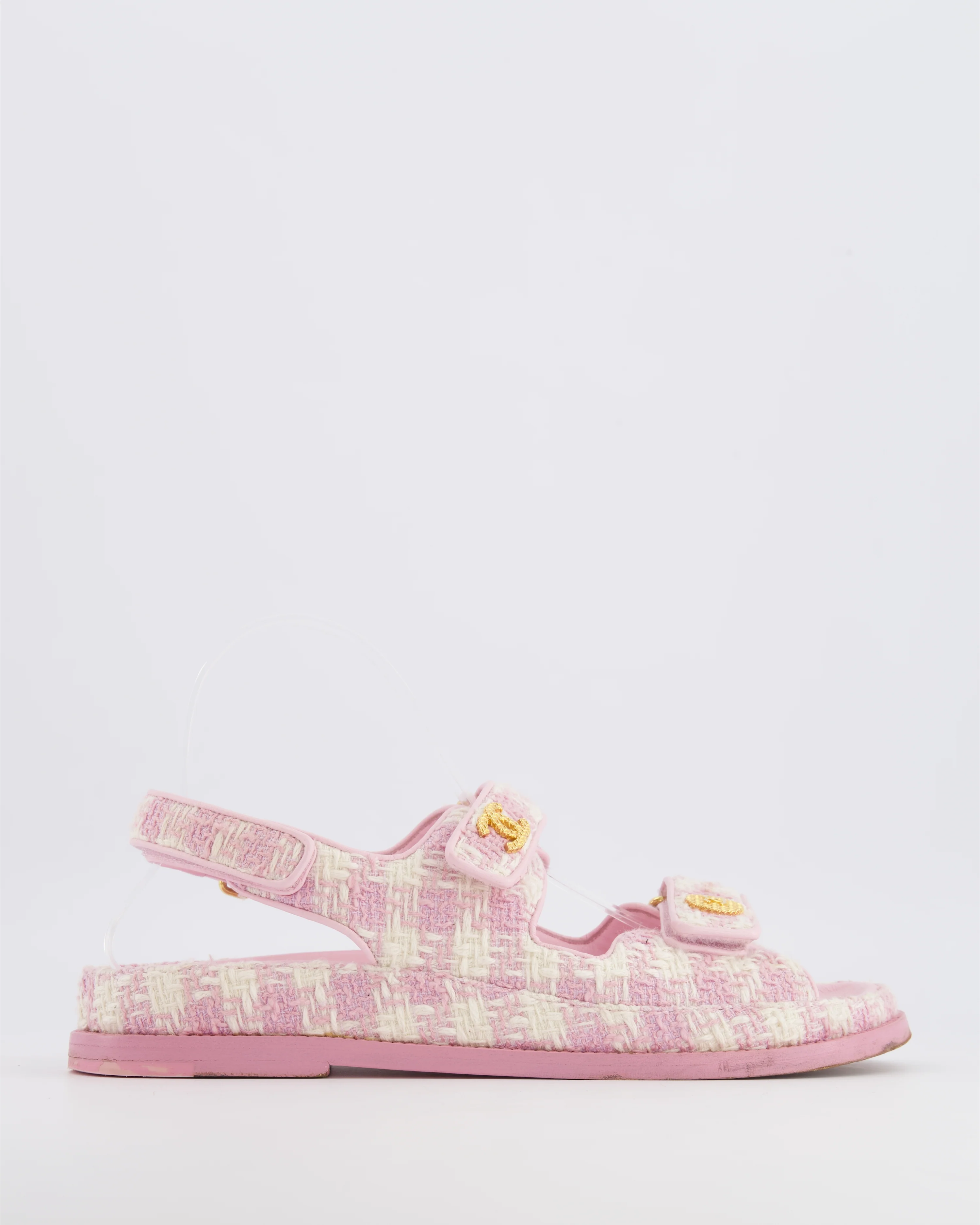 Chanel Pink and Cream Tweed Dad Sandals with Textured Gold GG Logo Details Size EU 38.5C RRP £1,400