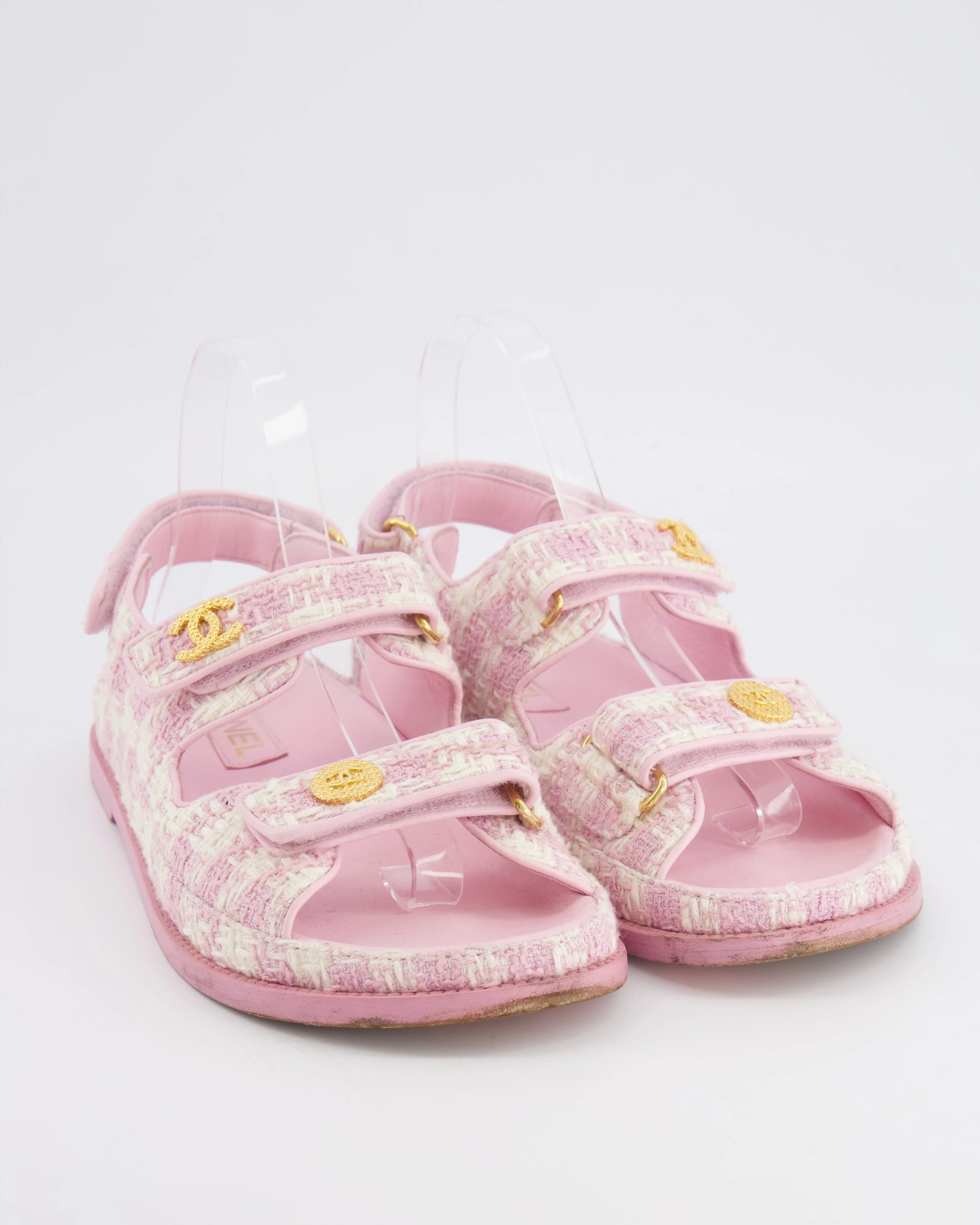 Chanel Pink and Cream Tweed Dad Sandals with Textured Gold GG Logo Details Size EU 38.5C RRP £1,400 - Image 2