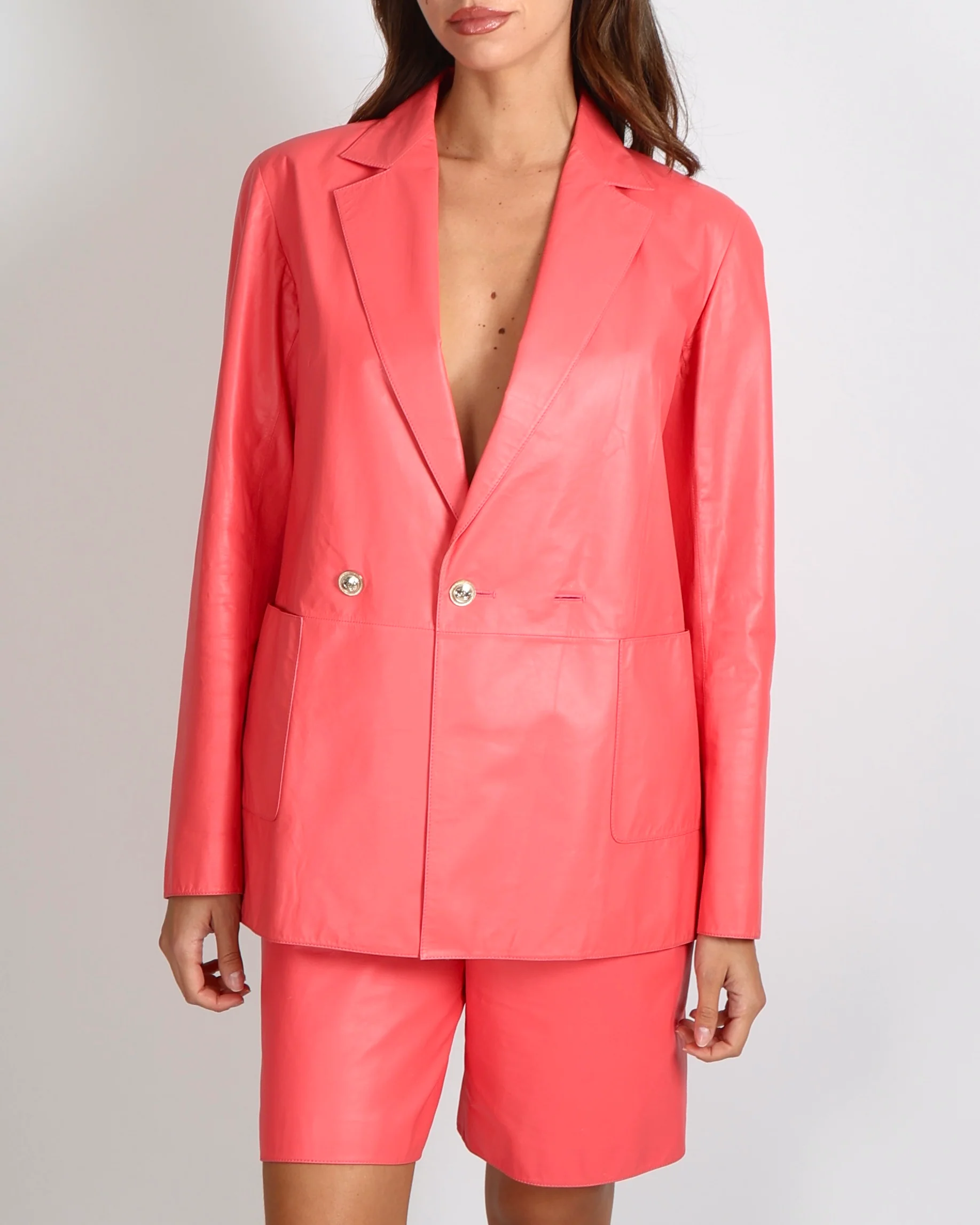 Chanel Pink Calfskin Leather Blazer Jacket with Gold CC Logo Buttons Size FR 38 (UK 10) - Image 2