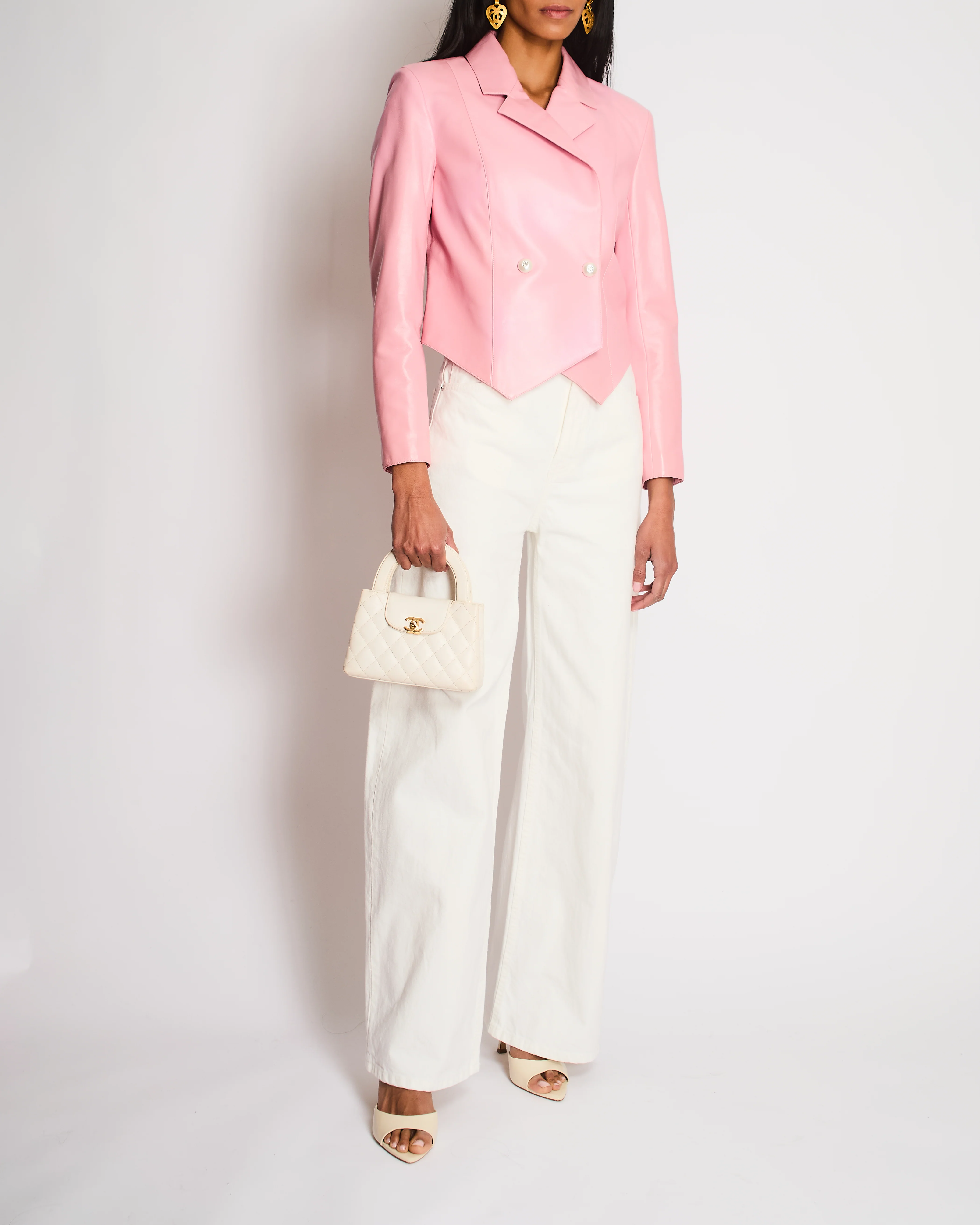 Chanel Pink Double Breasted Leather Blazer with Embellished CC Button Detail Size FR 36 (UK 8)