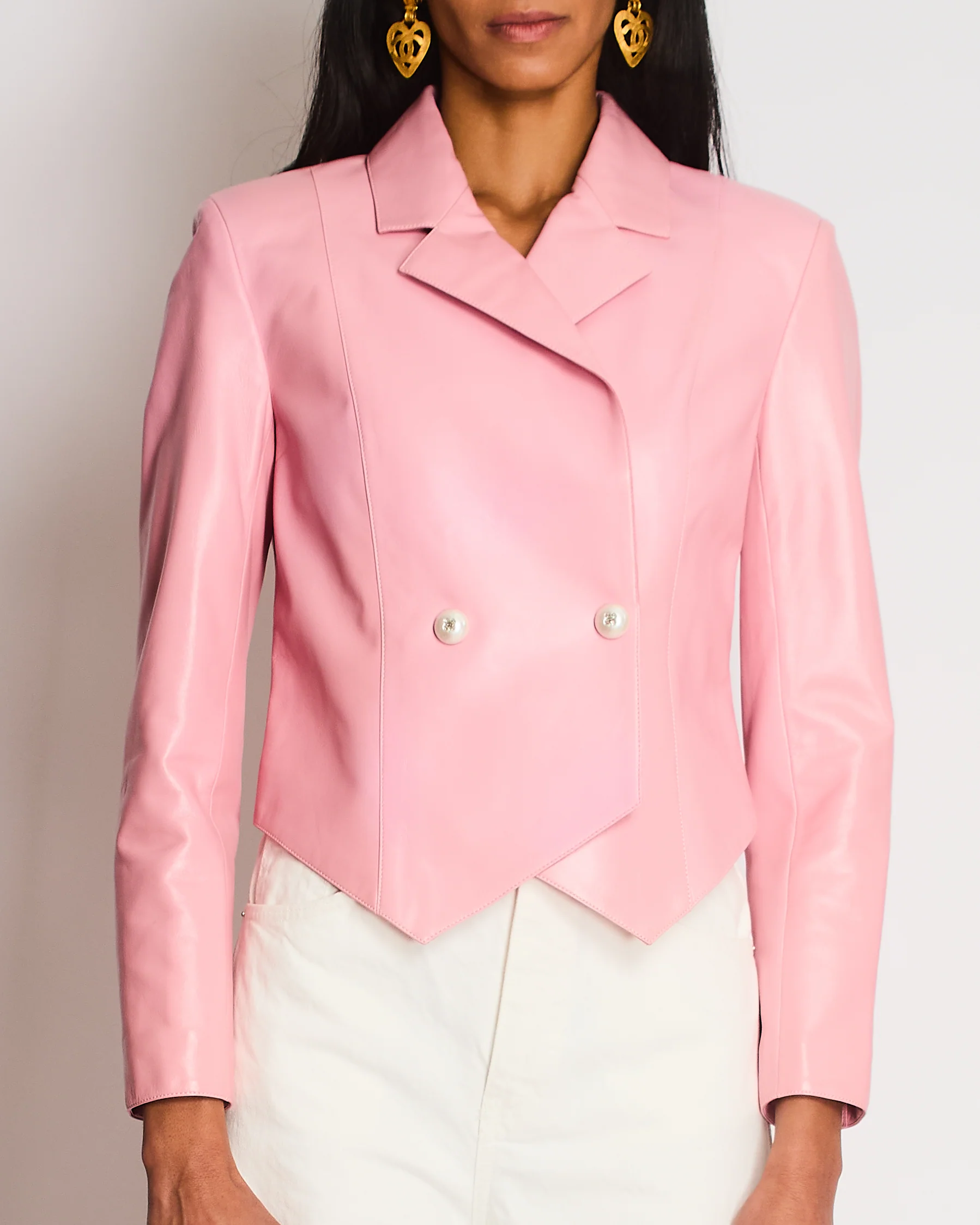 Chanel Pink Double Breasted Leather Blazer with Embellished CC Button Detail Size FR 36 (UK 8) - Image 2