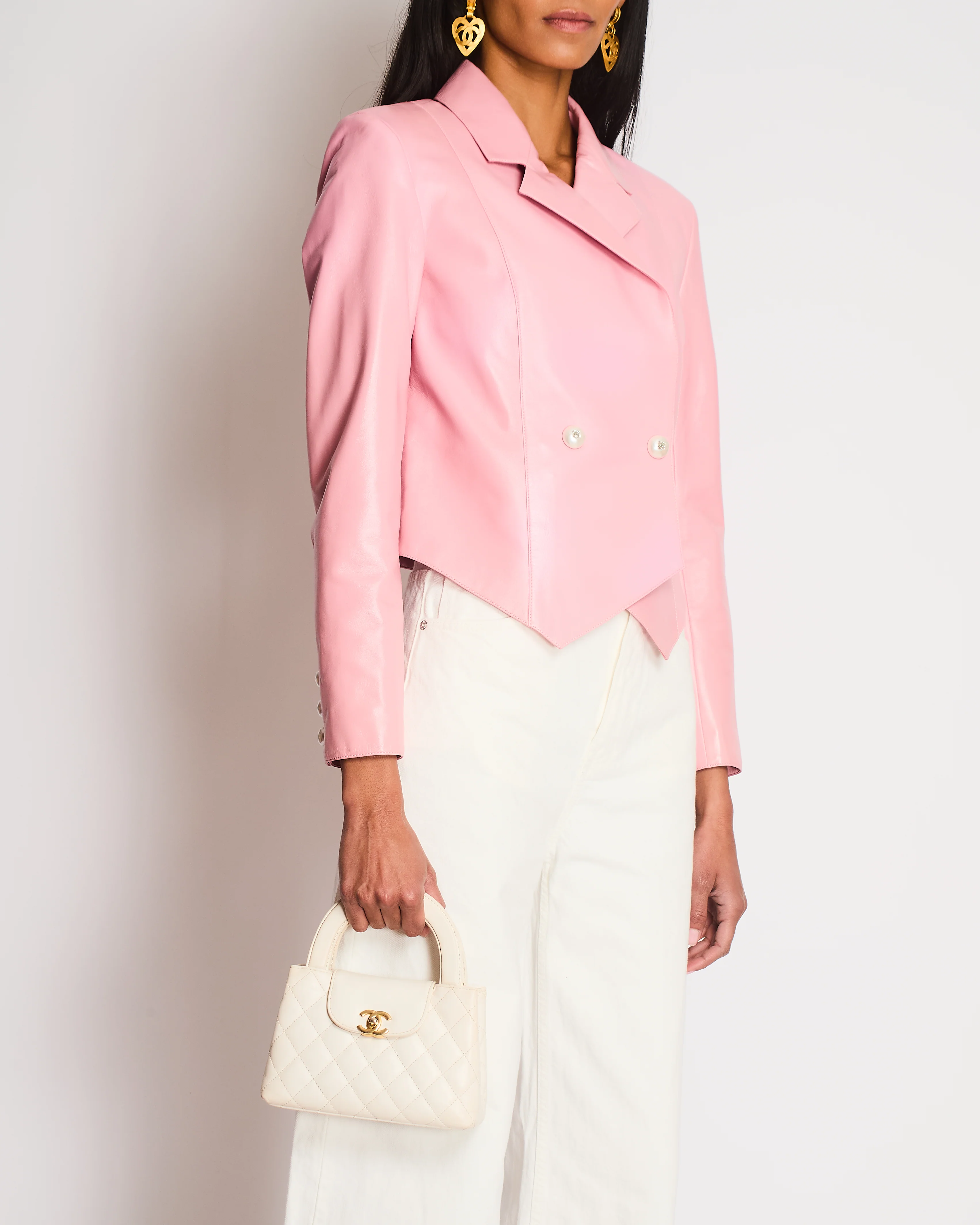 Chanel Pink Double Breasted Leather Blazer with Embellished CC Button Detail Size FR 36 (UK 8) - Image 3