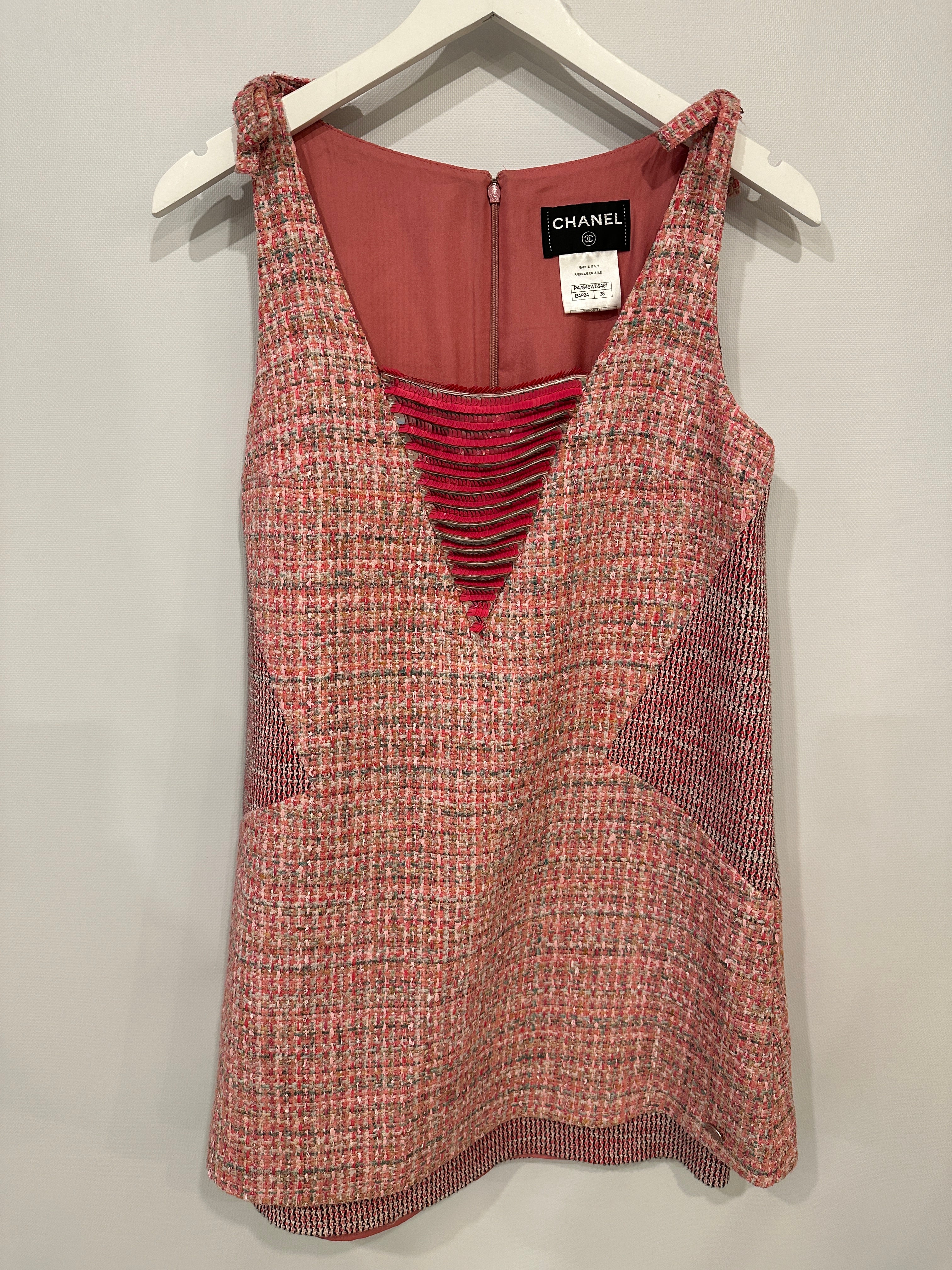 Chanel Pink Sleeveless Tweed Mini Dress with Sequin Embellishments Detail FR 38 (UK 10) - Image 11
