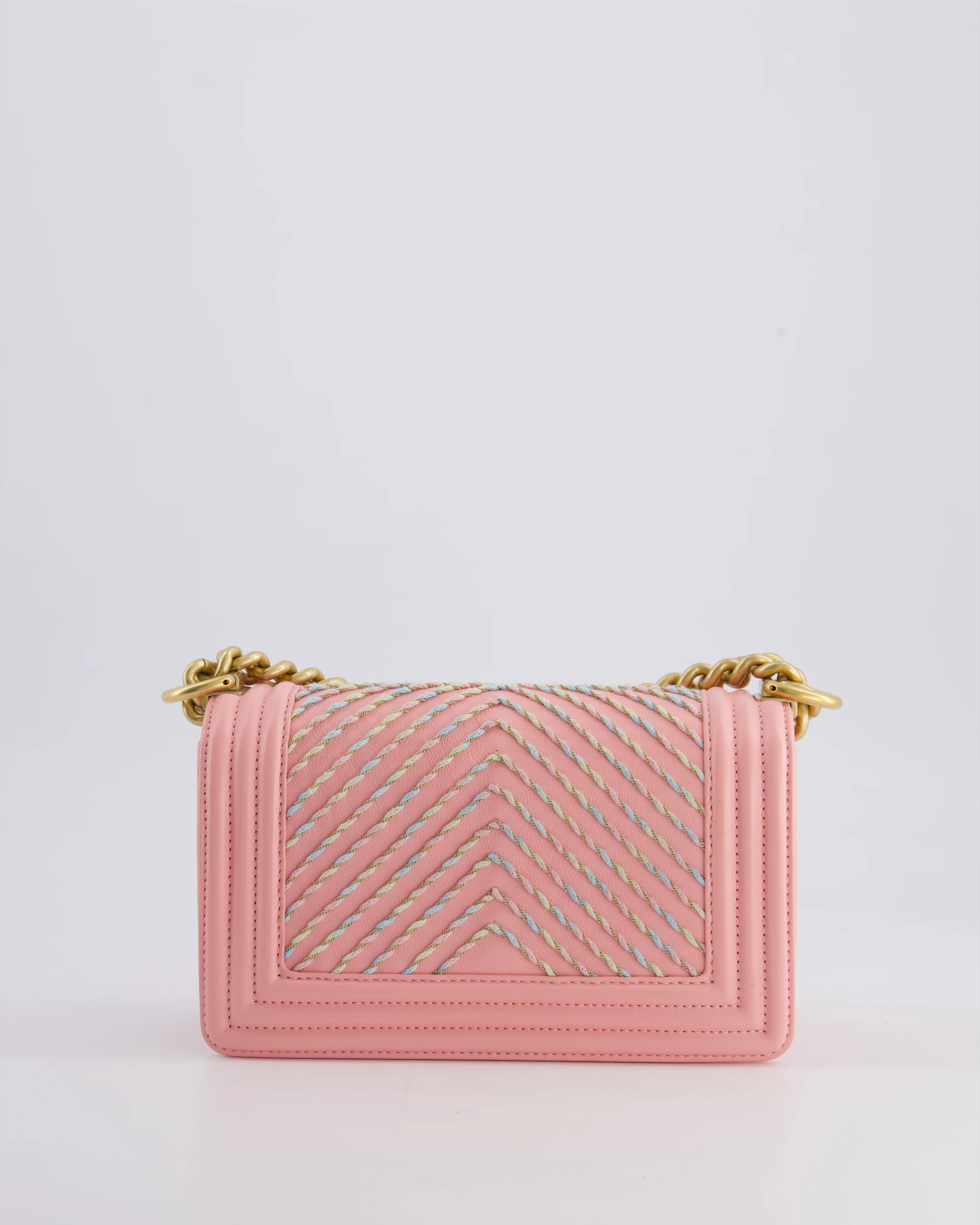 Chanel Pink Small Boy Bag in Lambskin Leather with Pastel Chevron Detail and Brushed Gold Hardware - Image 10