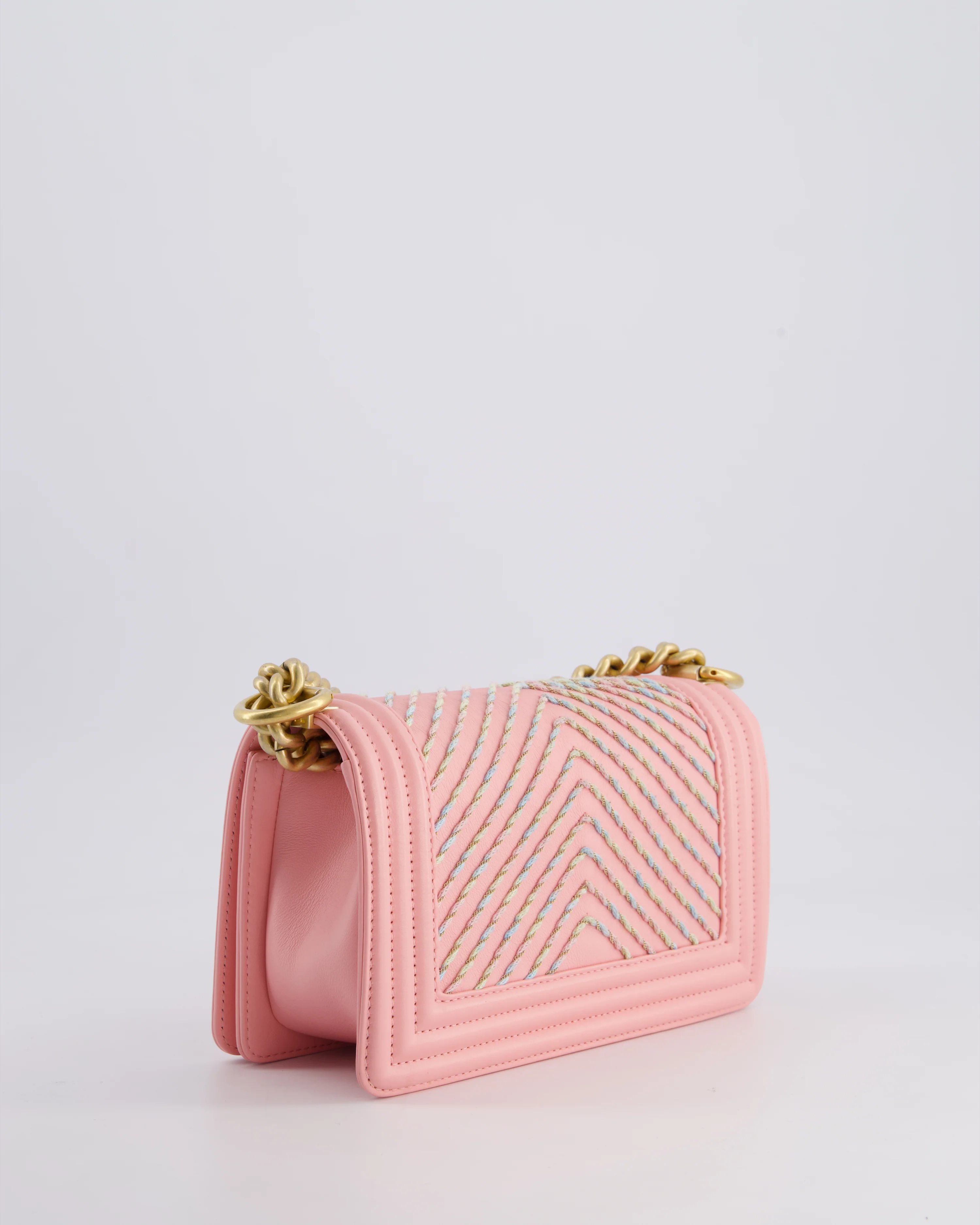 Chanel Pink Small Boy Bag in Lambskin Leather with Pastel Chevron Detail and Brushed Gold Hardware - Image 11