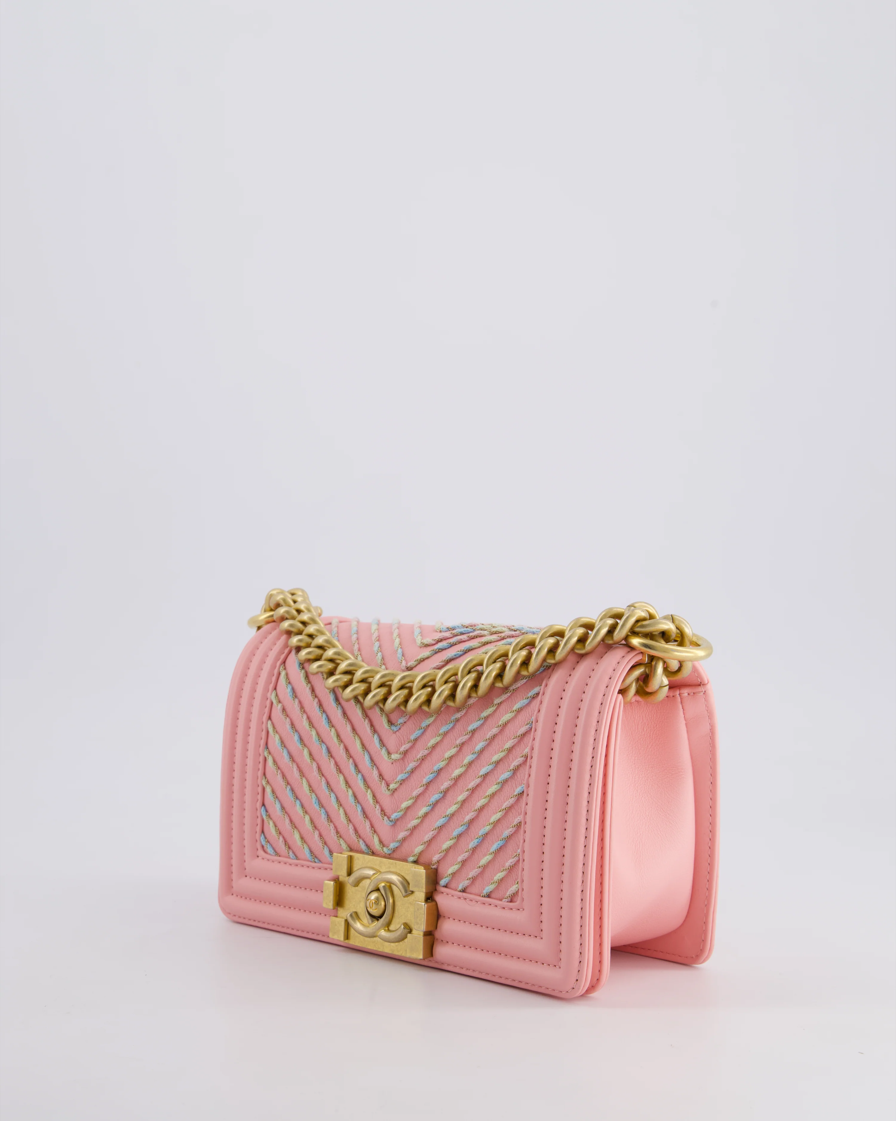 Chanel Pink Small Boy Bag in Lambskin Leather with Pastel Chevron Detail and Brushed Gold Hardware - Image 13