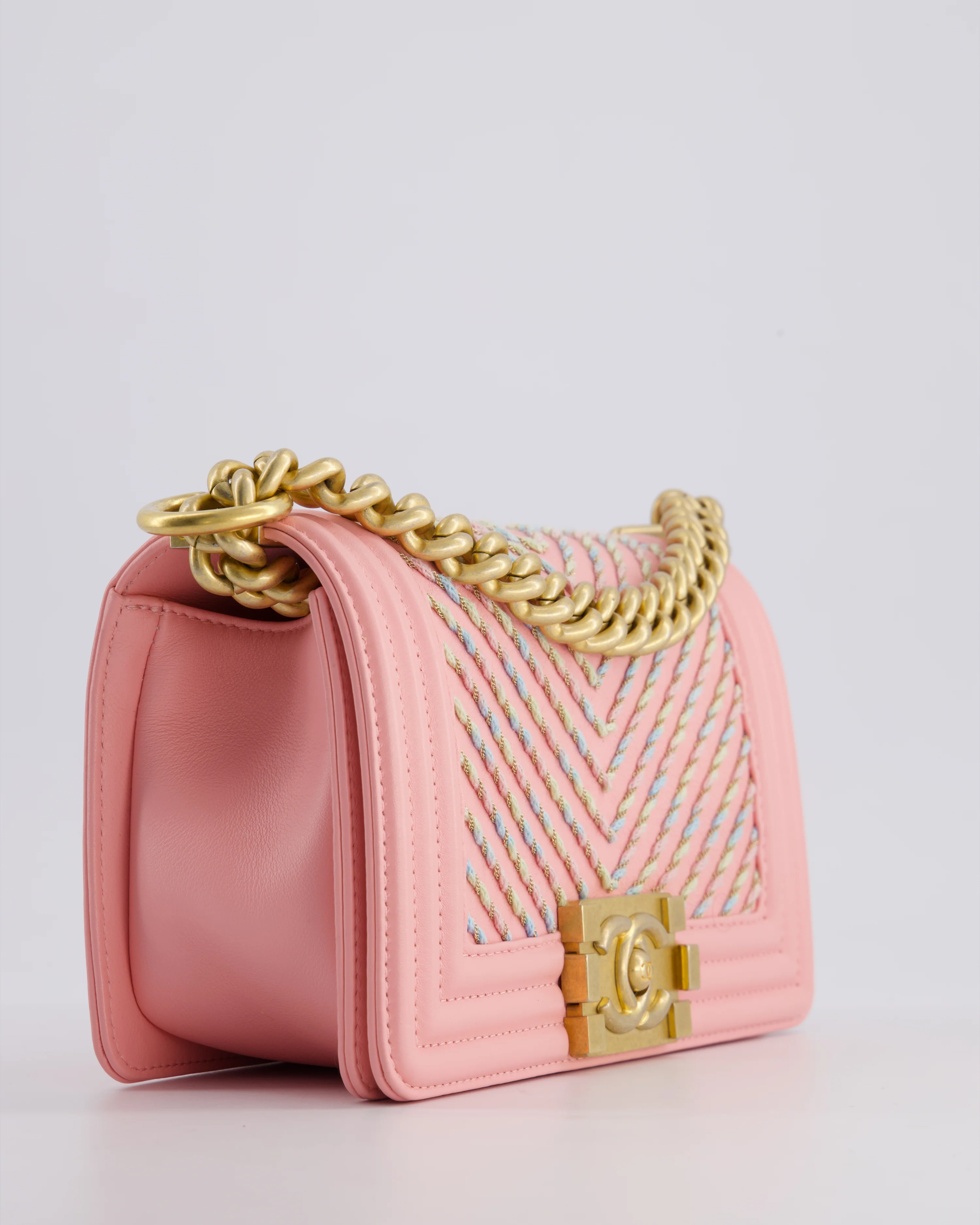 Chanel Pink Small Boy Bag in Lambskin Leather with Pastel Chevron Detail and Brushed Gold Hardware - Image 14