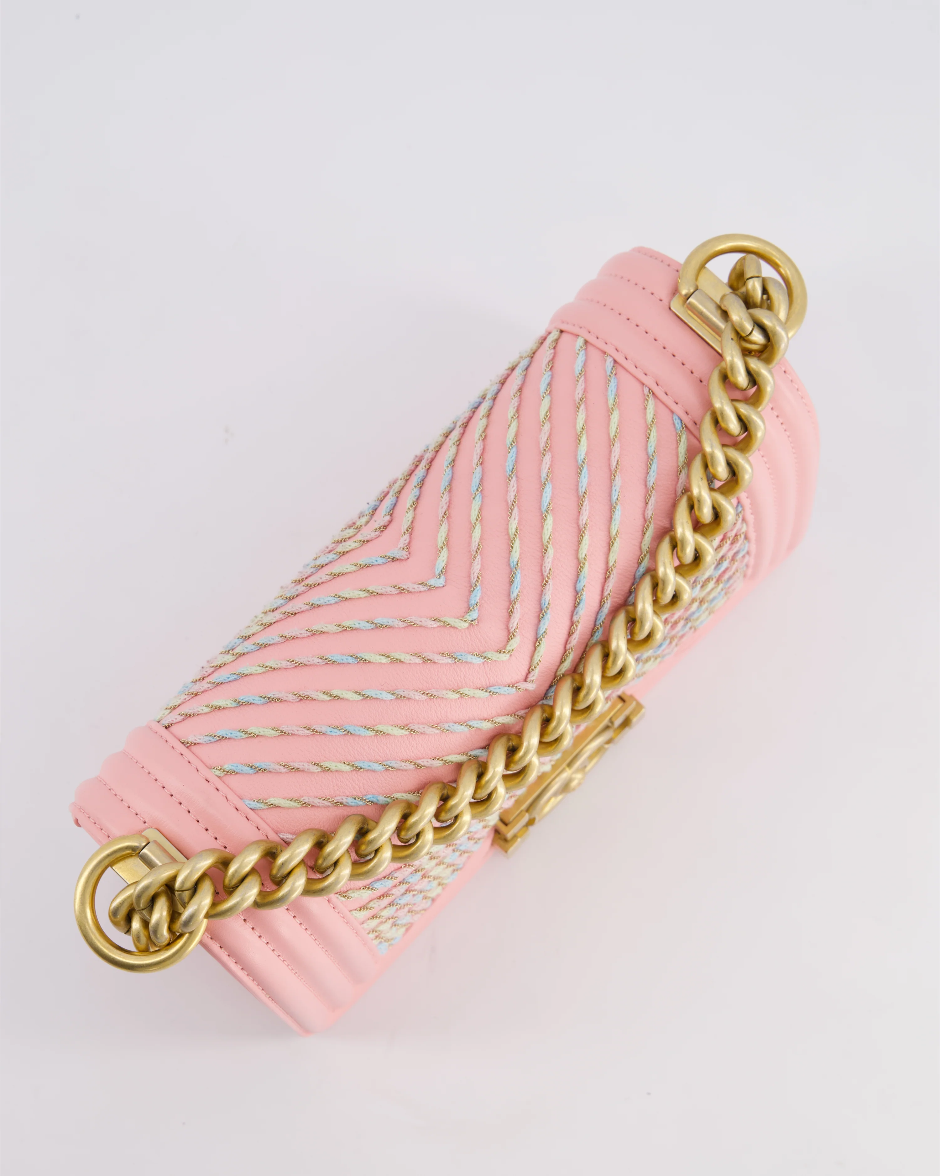 Chanel Pink Small Boy Bag in Lambskin Leather with Pastel Chevron Detail and Brushed Gold Hardware - Image 15