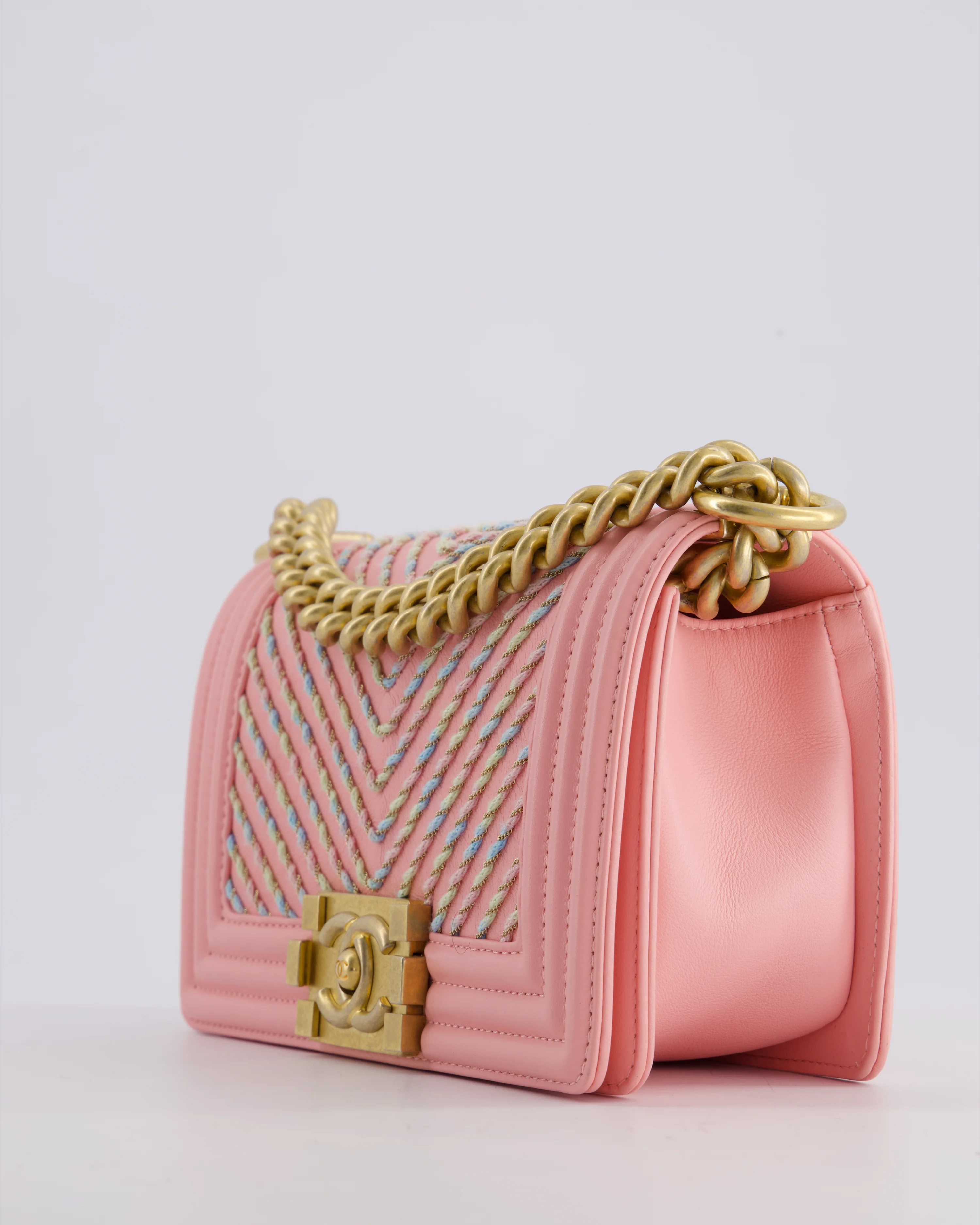 Chanel Pink Small Boy Bag in Lambskin Leather with Pastel Chevron Detail and Brushed Gold Hardware - Image 16