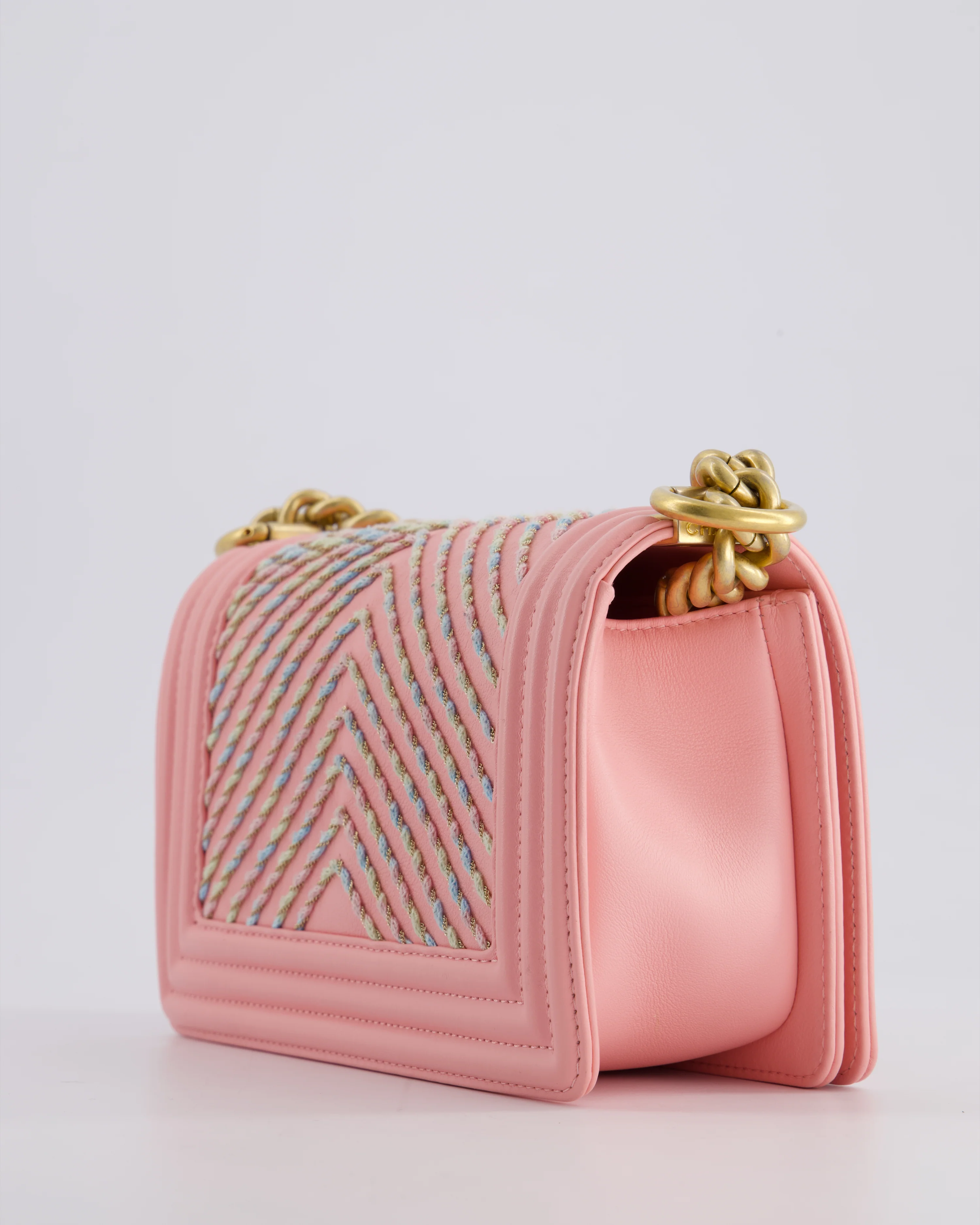 Chanel Pink Small Boy Bag in Lambskin Leather with Pastel Chevron Detail and Brushed Gold Hardware - Image 17