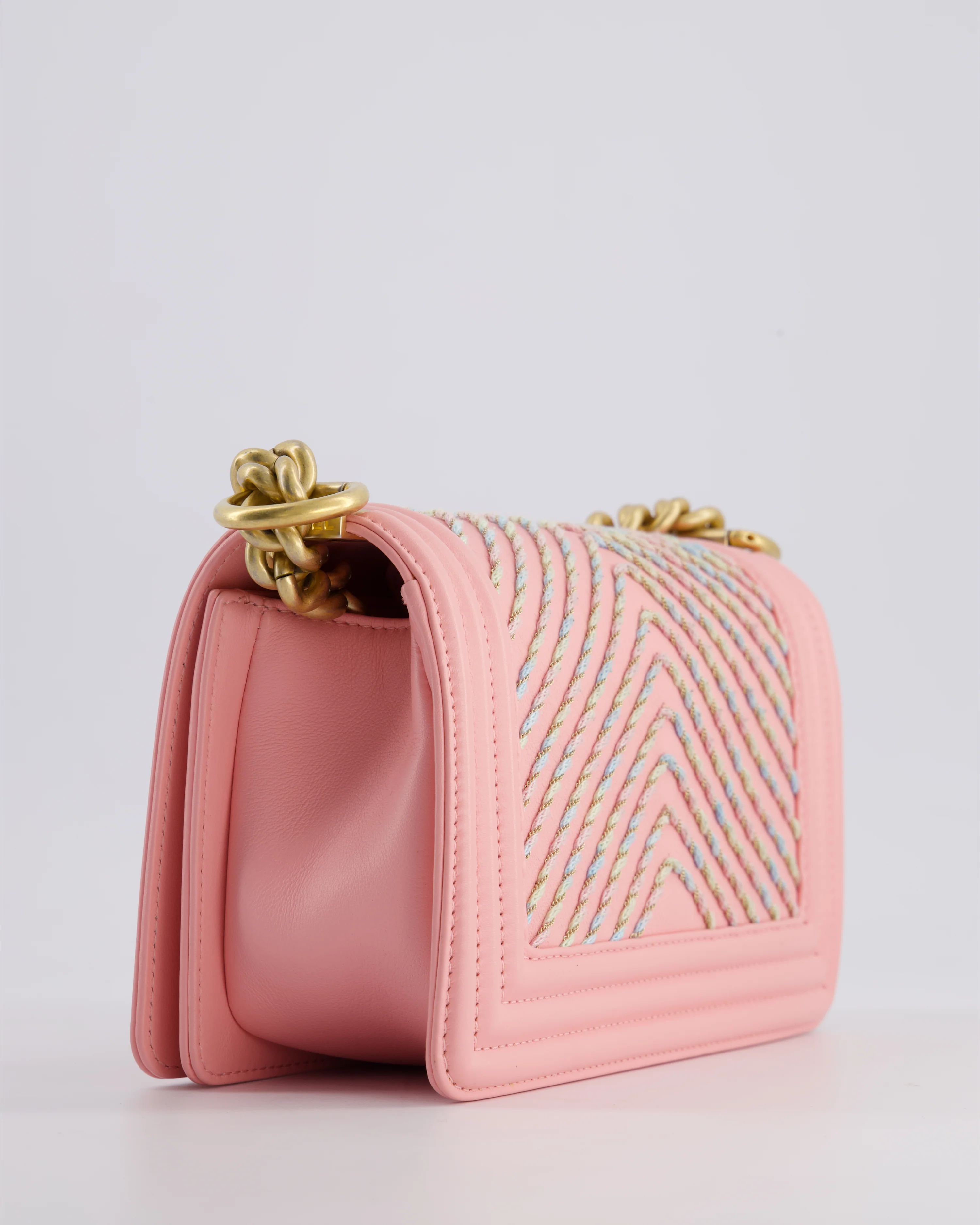 Chanel Pink Small Boy Bag in Lambskin Leather with Pastel Chevron Detail and Brushed Gold Hardware - Image 18