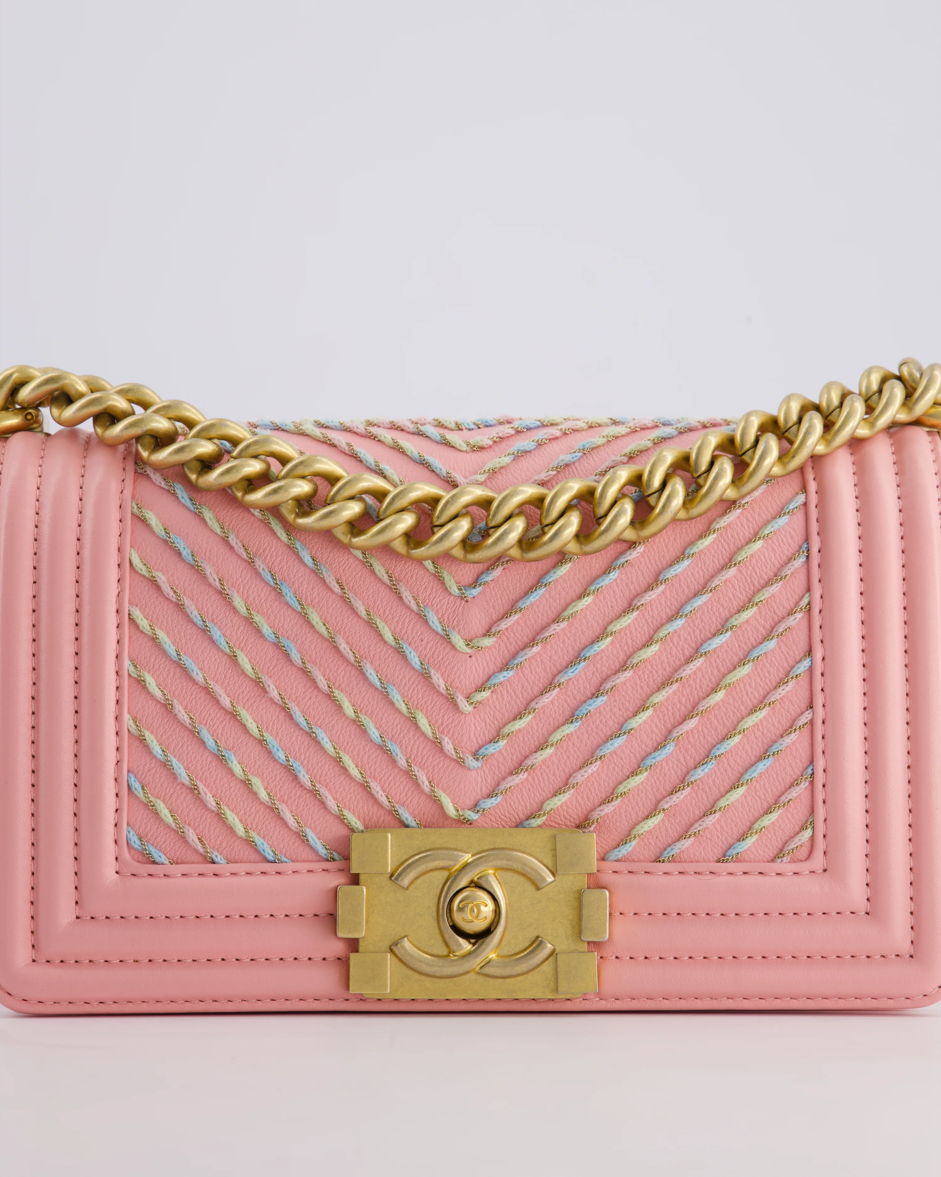 Chanel Pink Small Boy Bag in Lambskin Leather with Pastel Chevron Detail and Brushed Gold Hardware - Image 19