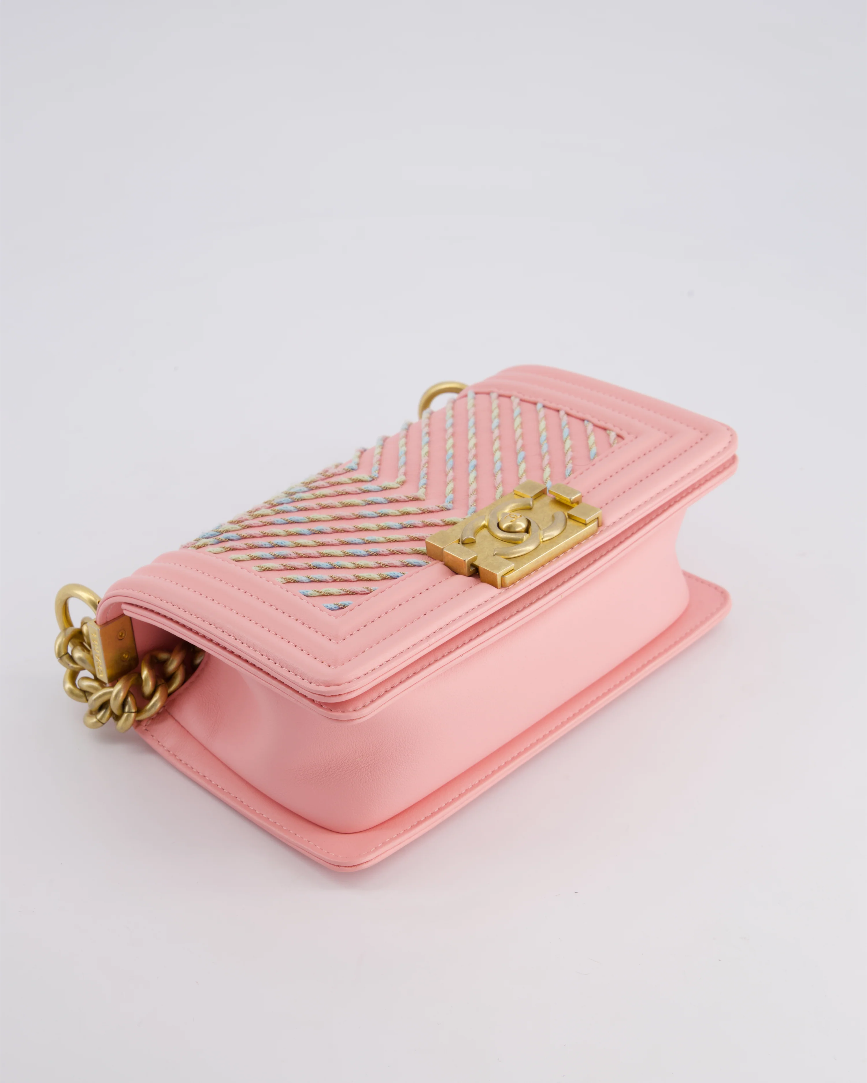 Chanel Pink Small Boy Bag in Lambskin Leather with Pastel Chevron Detail and Brushed Gold Hardware - Image 20