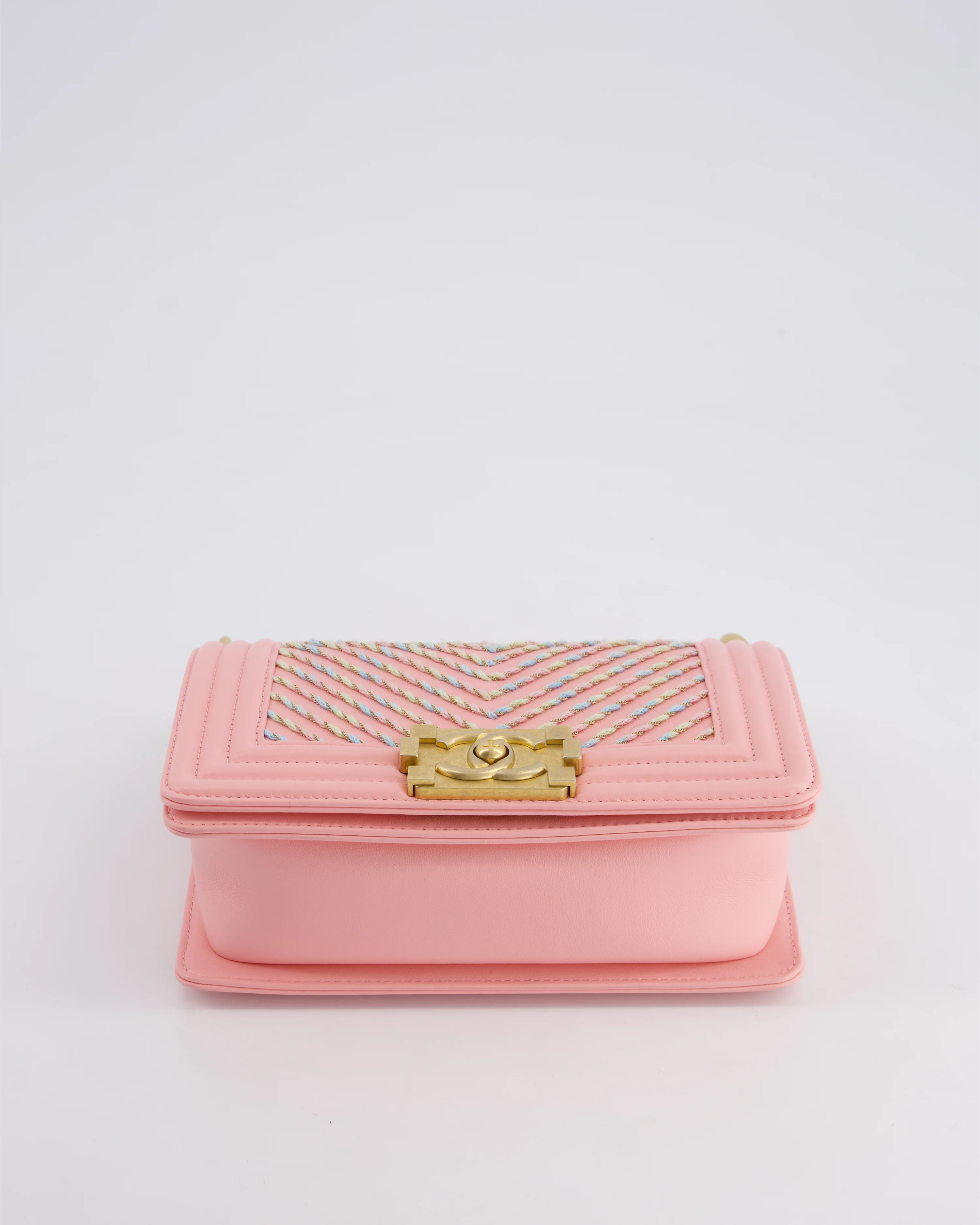Chanel Pink Small Boy Bag in Lambskin Leather with Pastel Chevron Detail and Brushed Gold Hardware - Image 21