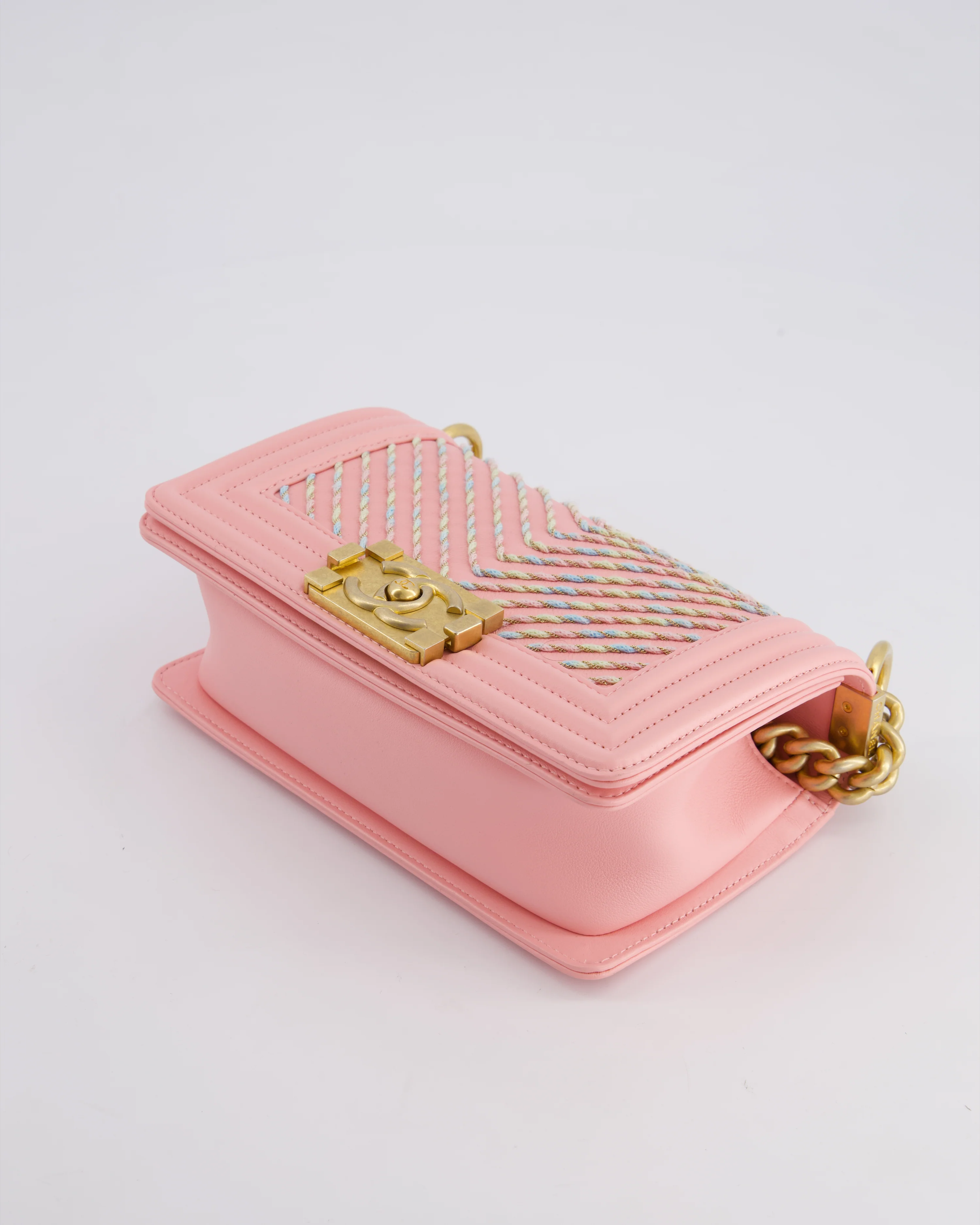 Chanel Pink Small Boy Bag in Lambskin Leather with Pastel Chevron Detail and Brushed Gold Hardware - Image 22