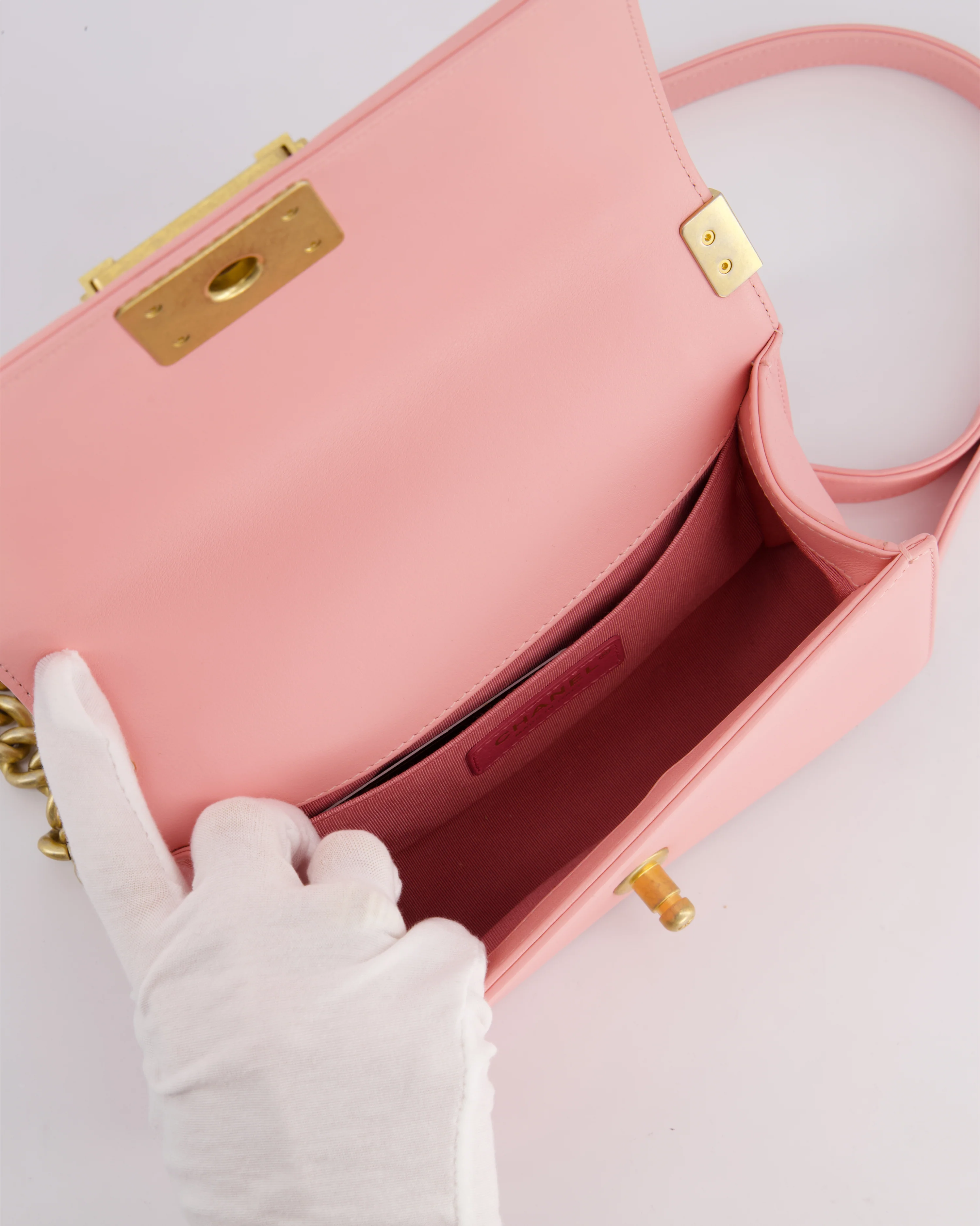 Chanel Pink Small Boy Bag in Lambskin Leather with Pastel Chevron Detail and Brushed Gold Hardware - Image 23