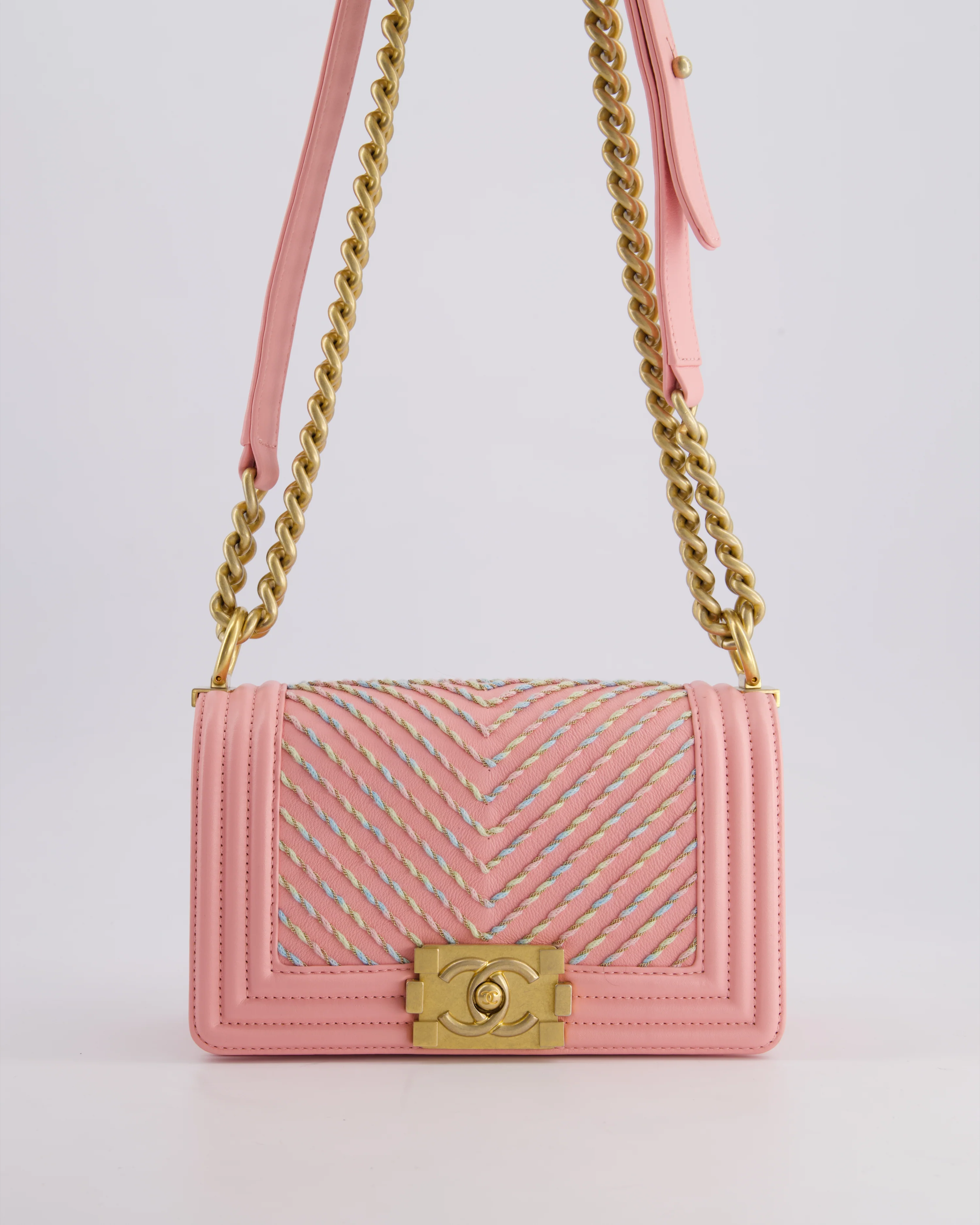 Chanel Pink Small Boy Bag in Lambskin Leather with Pastel Chevron Detail and Brushed Gold Hardware - Image 4