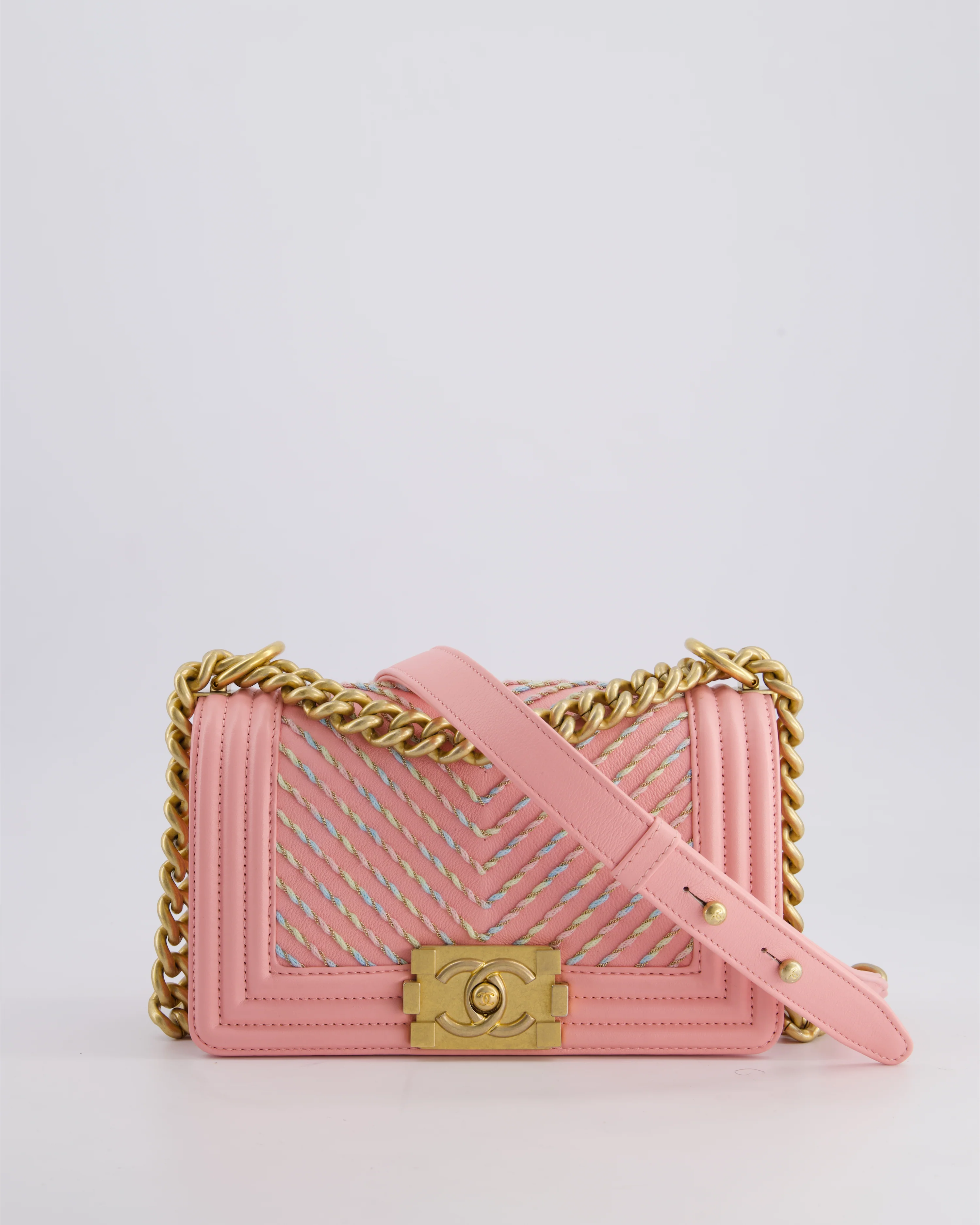 Chanel Pink Small Boy Bag in Lambskin Leather with Pastel Chevron Detail and Brushed Gold Hardware - Image 5