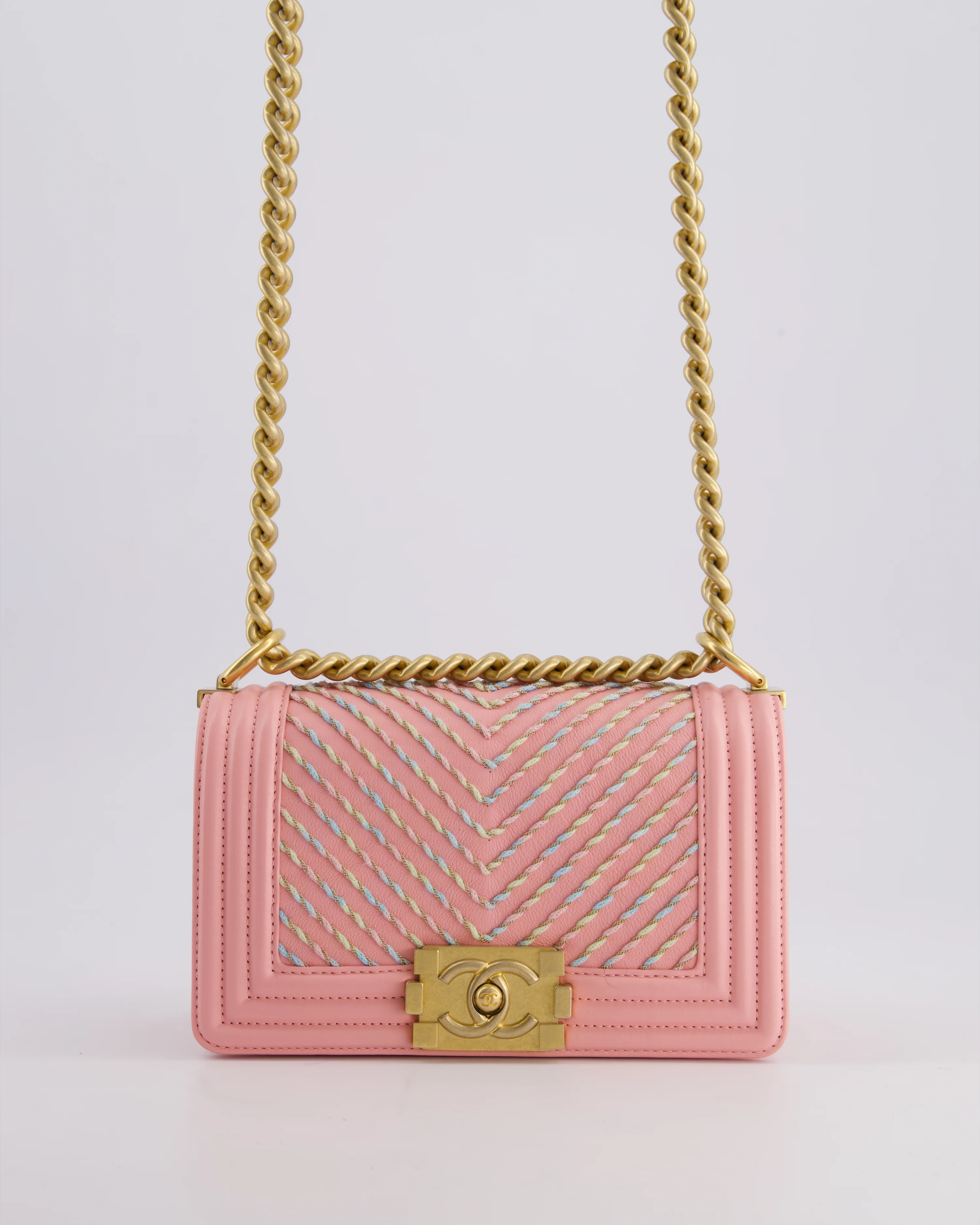 Chanel Pink Small Boy Bag in Lambskin Leather with Pastel Chevron Detail and Brushed Gold Hardware - Image 6