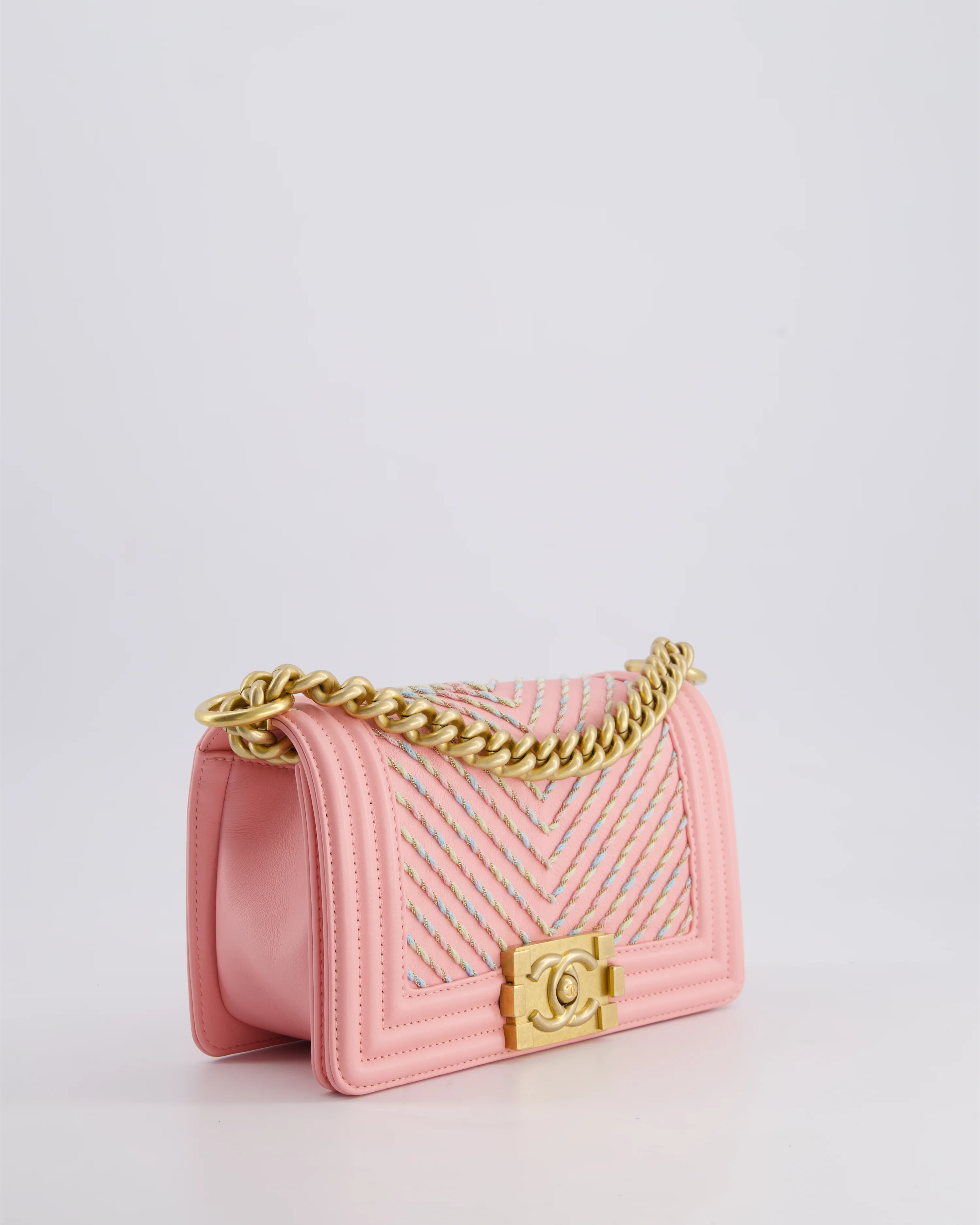 Chanel Pink Small Boy Bag in Lambskin Leather with Pastel Chevron Detail and Brushed Gold Hardware - Image 7