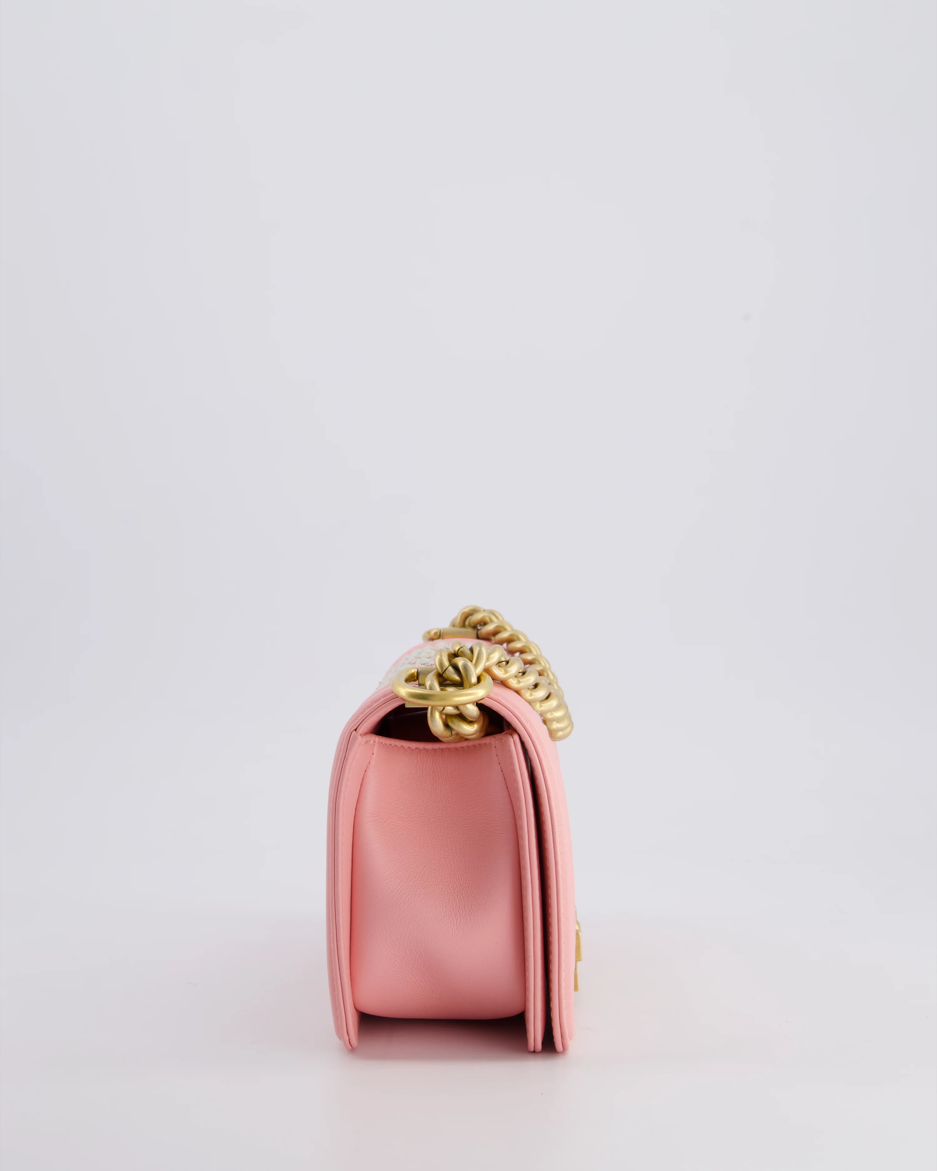 Chanel Pink Small Boy Bag in Lambskin Leather with Pastel Chevron Detail and Brushed Gold Hardware - Image 8