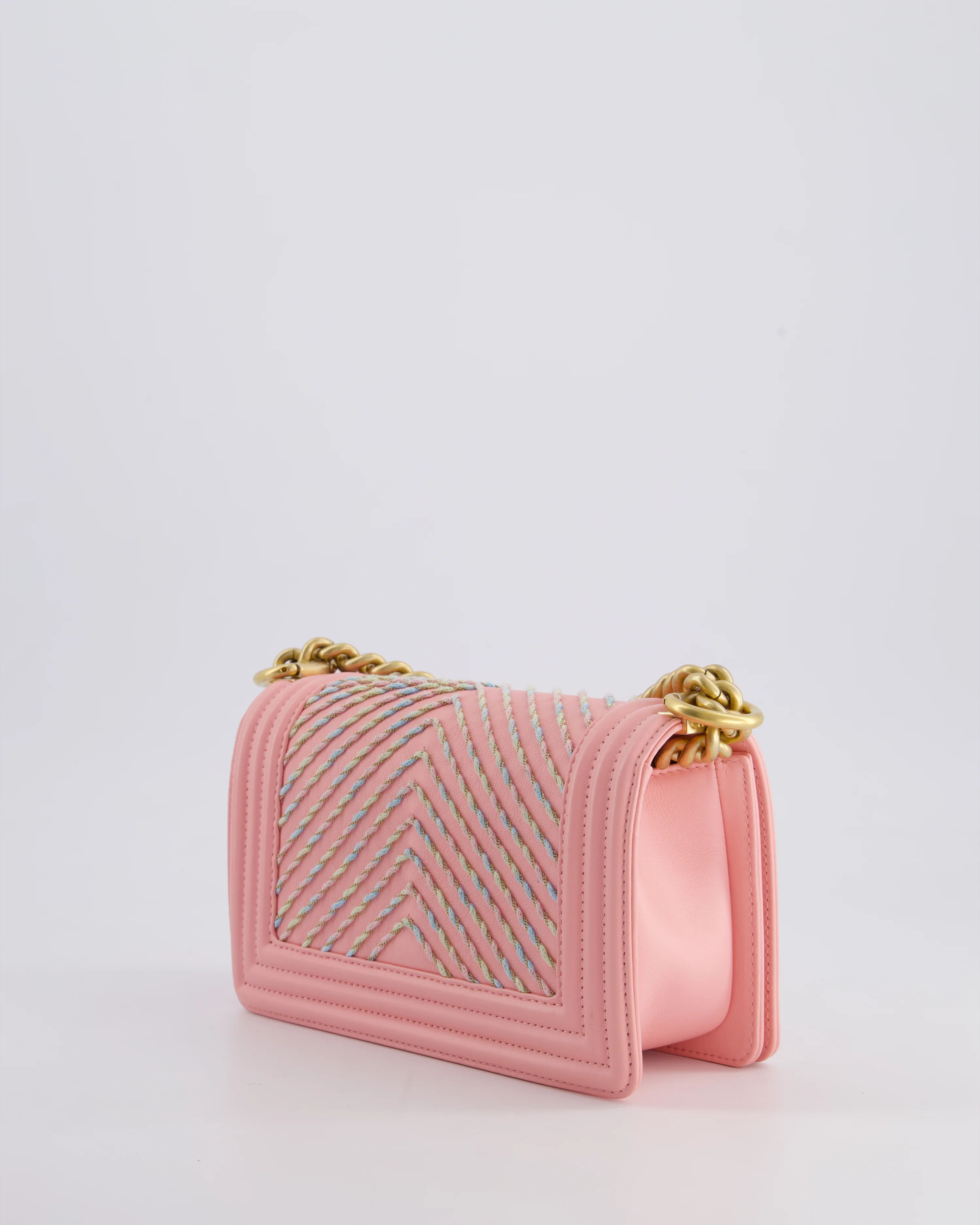 Chanel Pink Small Boy Bag in Lambskin Leather with Pastel Chevron Detail and Brushed Gold Hardware - Image 9