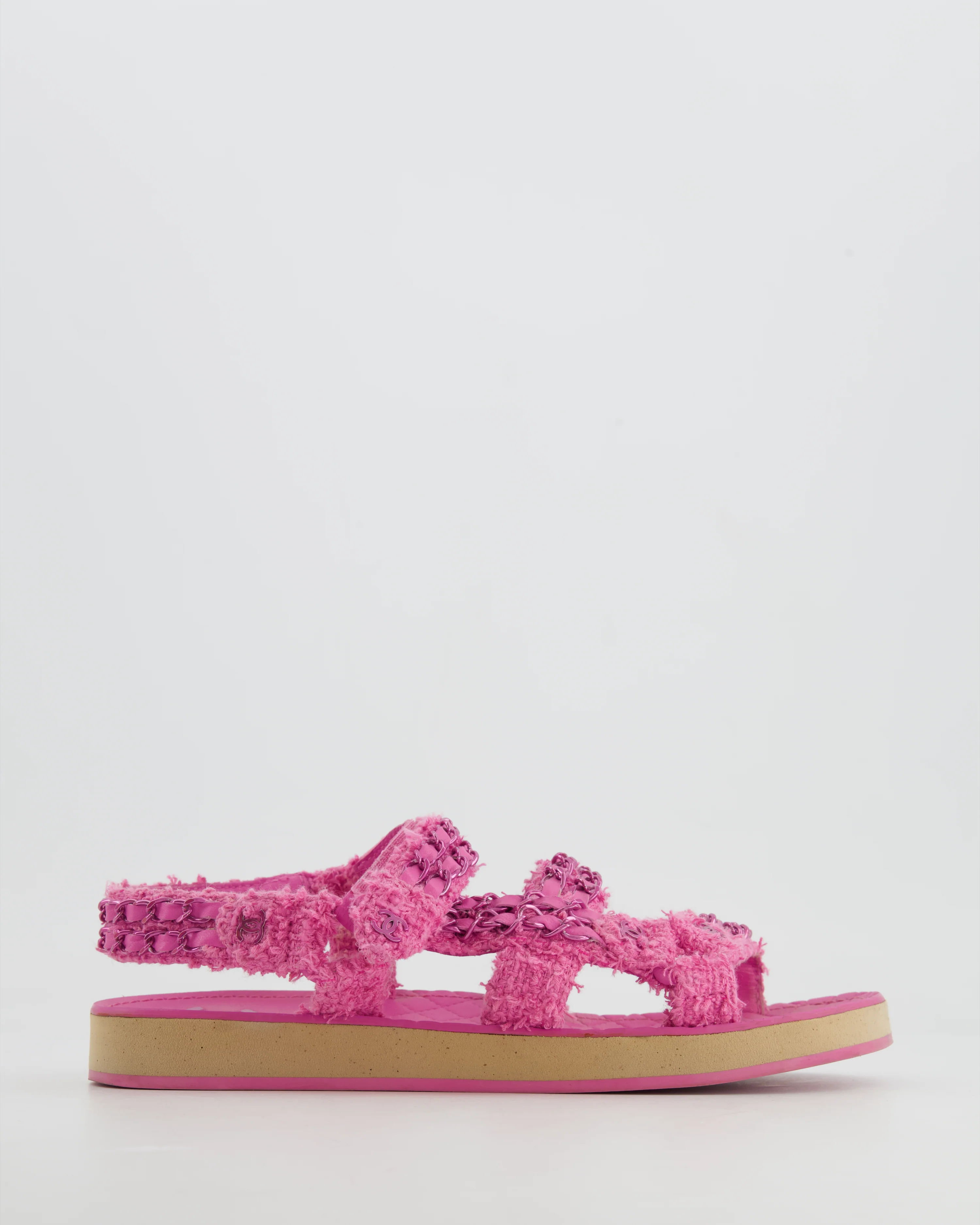 Chanel Pink Tweed Dad Sandals with Pink Chain and CC Logo Details Size 37