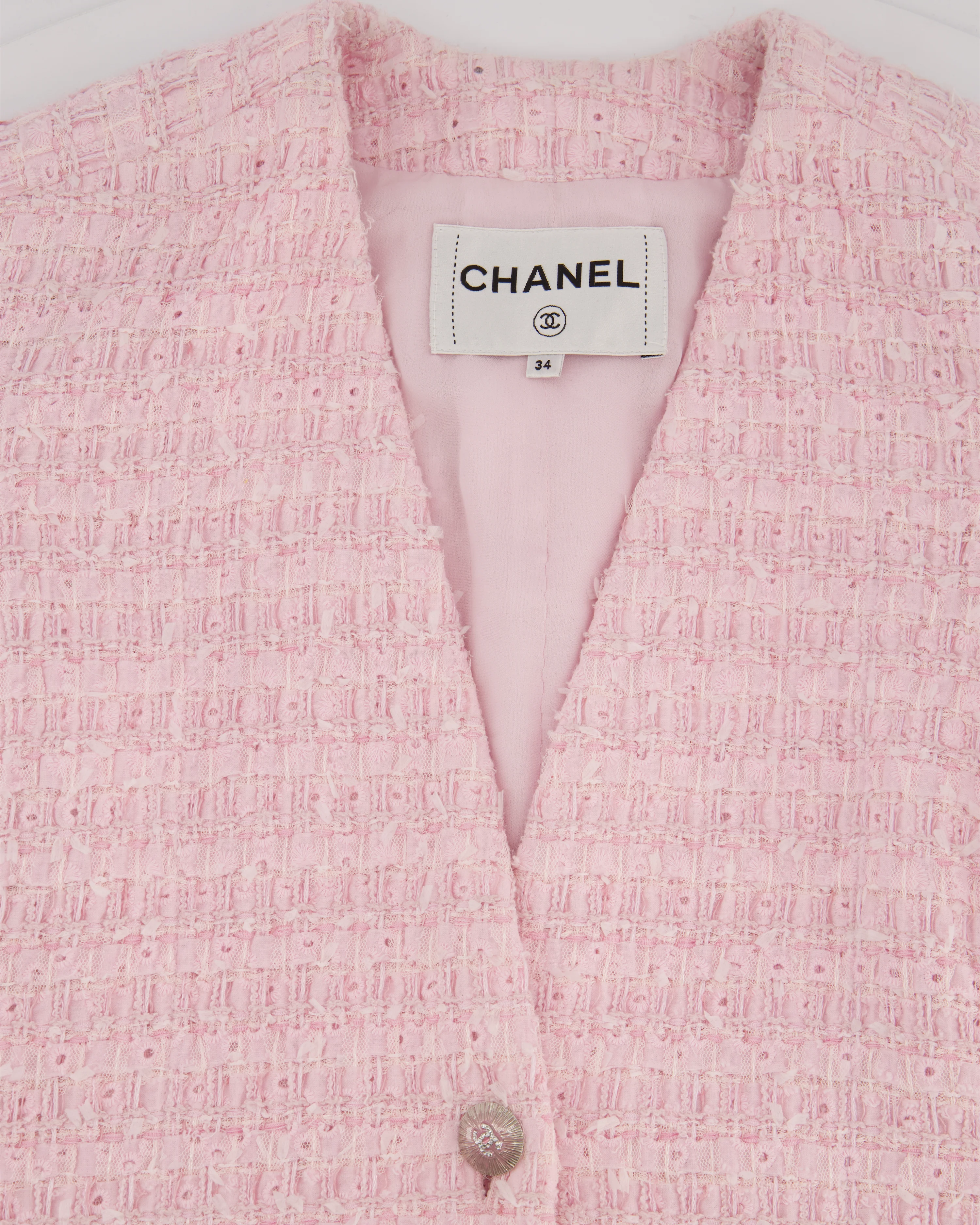 *HOT* Chanel 24S Pink Tweed Long Sleeve A-Line Asymmetric Mini Dress with Silver and Pink Logo Button Details Detail FR 34 (UK 6) RRP £11,650 - Image 10