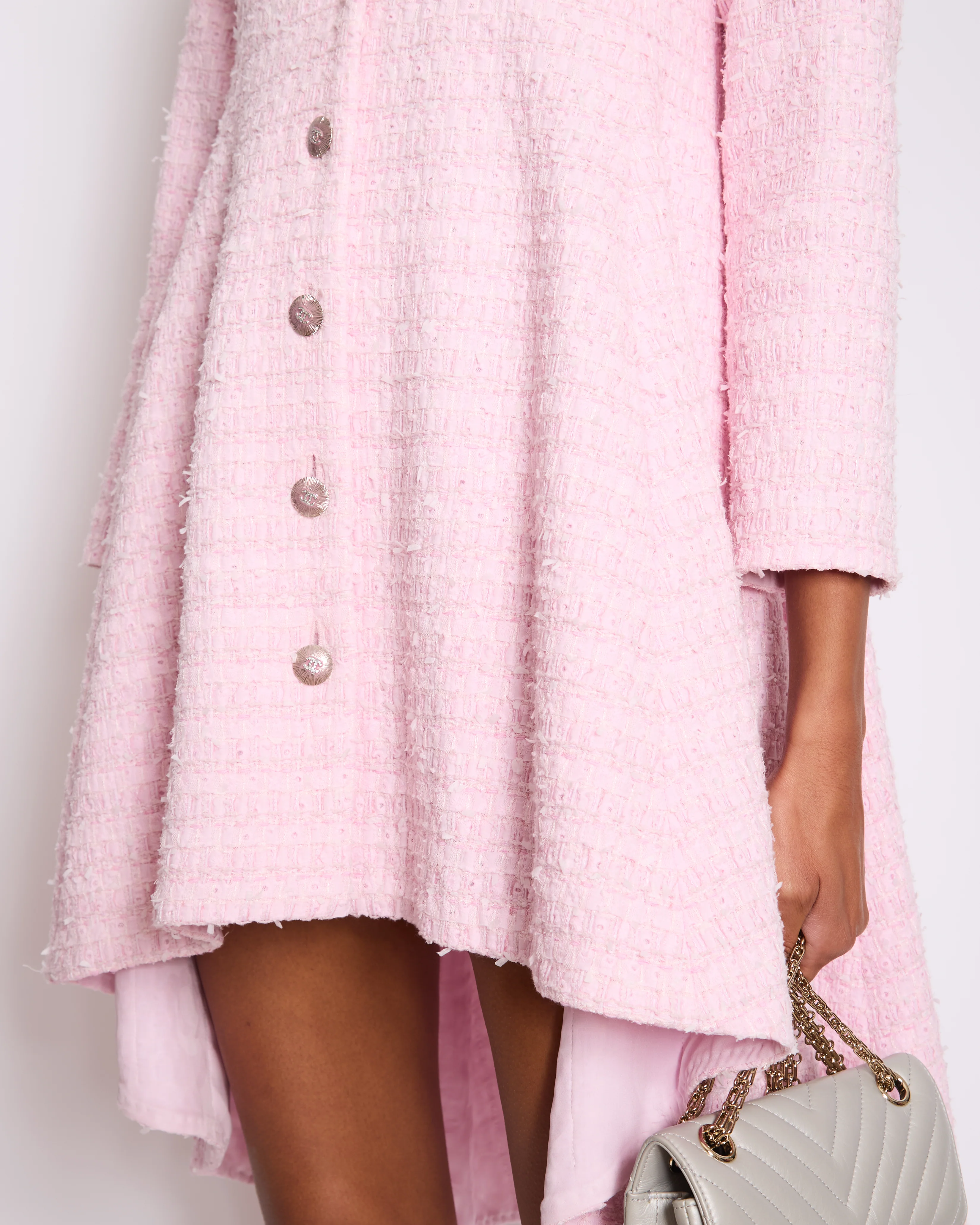 *HOT* Chanel 24S Pink Tweed Long Sleeve A-Line Asymmetric Mini Dress with Silver and Pink Logo Button Details Detail FR 34 (UK 6) RRP £11,650 - Image 4