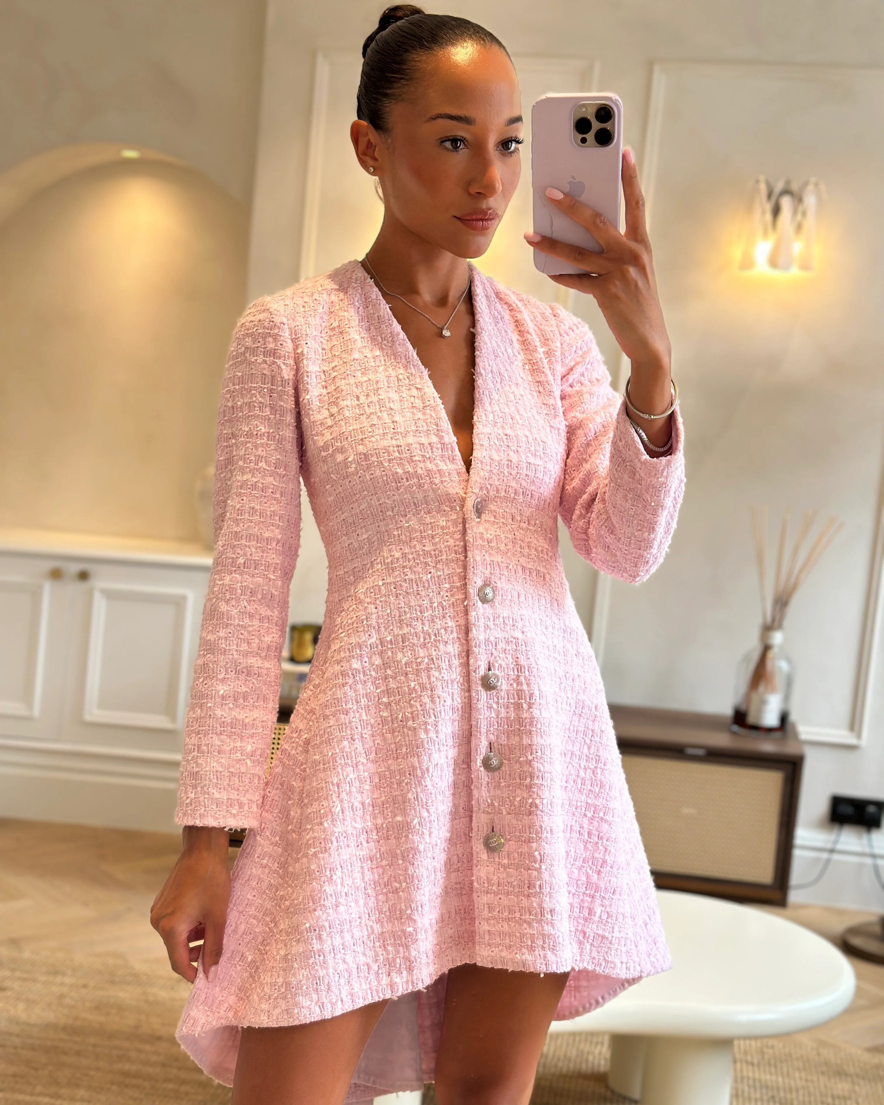 *HOT* Chanel 24S Pink Tweed Long Sleeve A-Line Asymmetric Mini Dress with Silver and Pink Logo Button Details Detail FR 34 (UK 6) RRP £11,650 - Image 6
