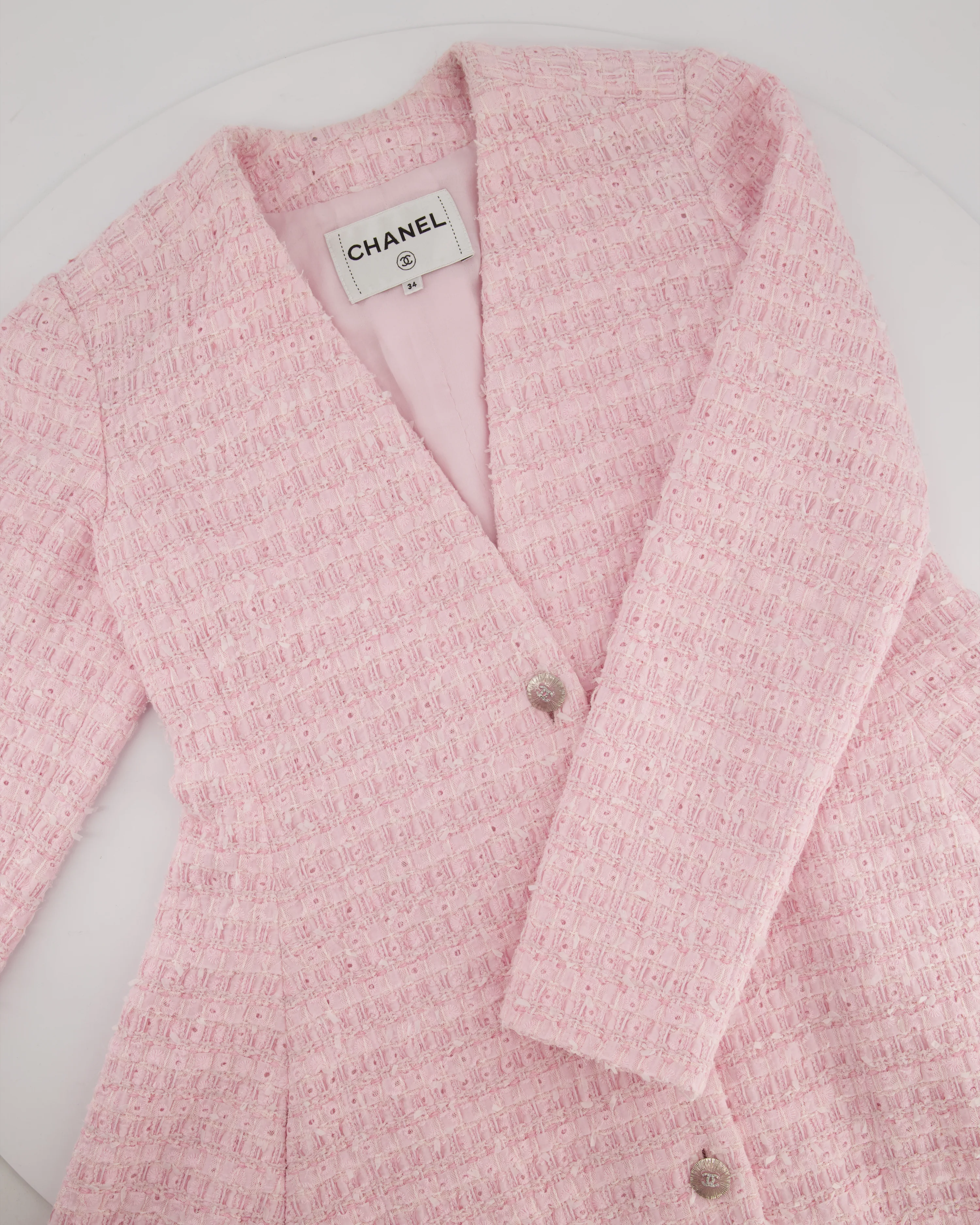 *HOT* Chanel 24S Pink Tweed Long Sleeve A-Line Asymmetric Mini Dress with Silver and Pink Logo Button Details Detail FR 34 (UK 6) RRP £11,650 - Image 8