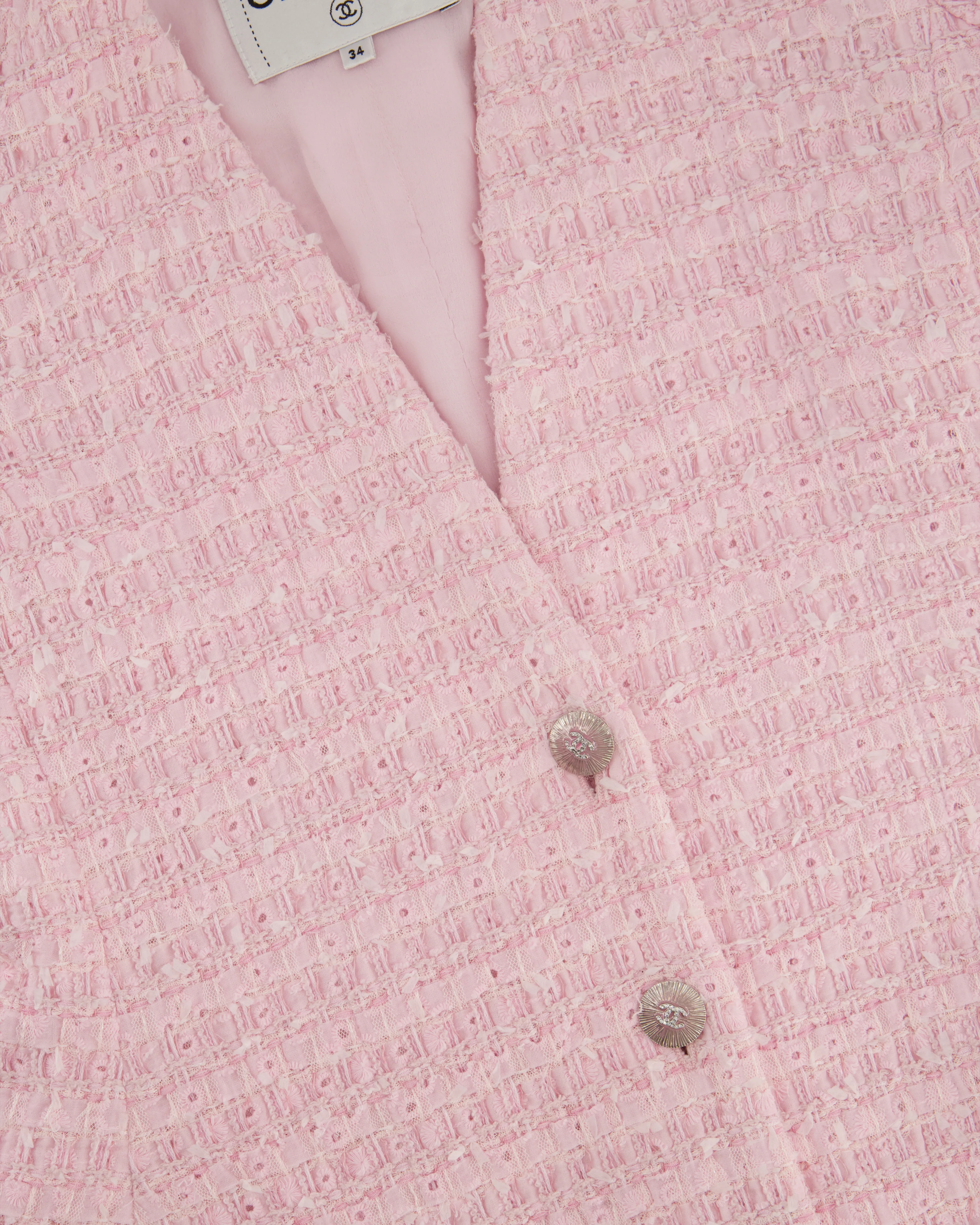 *HOT* Chanel 24S Pink Tweed Long Sleeve A-Line Asymmetric Mini Dress with Silver and Pink Logo Button Details Detail FR 34 (UK 6) RRP £11,650 - Image 9