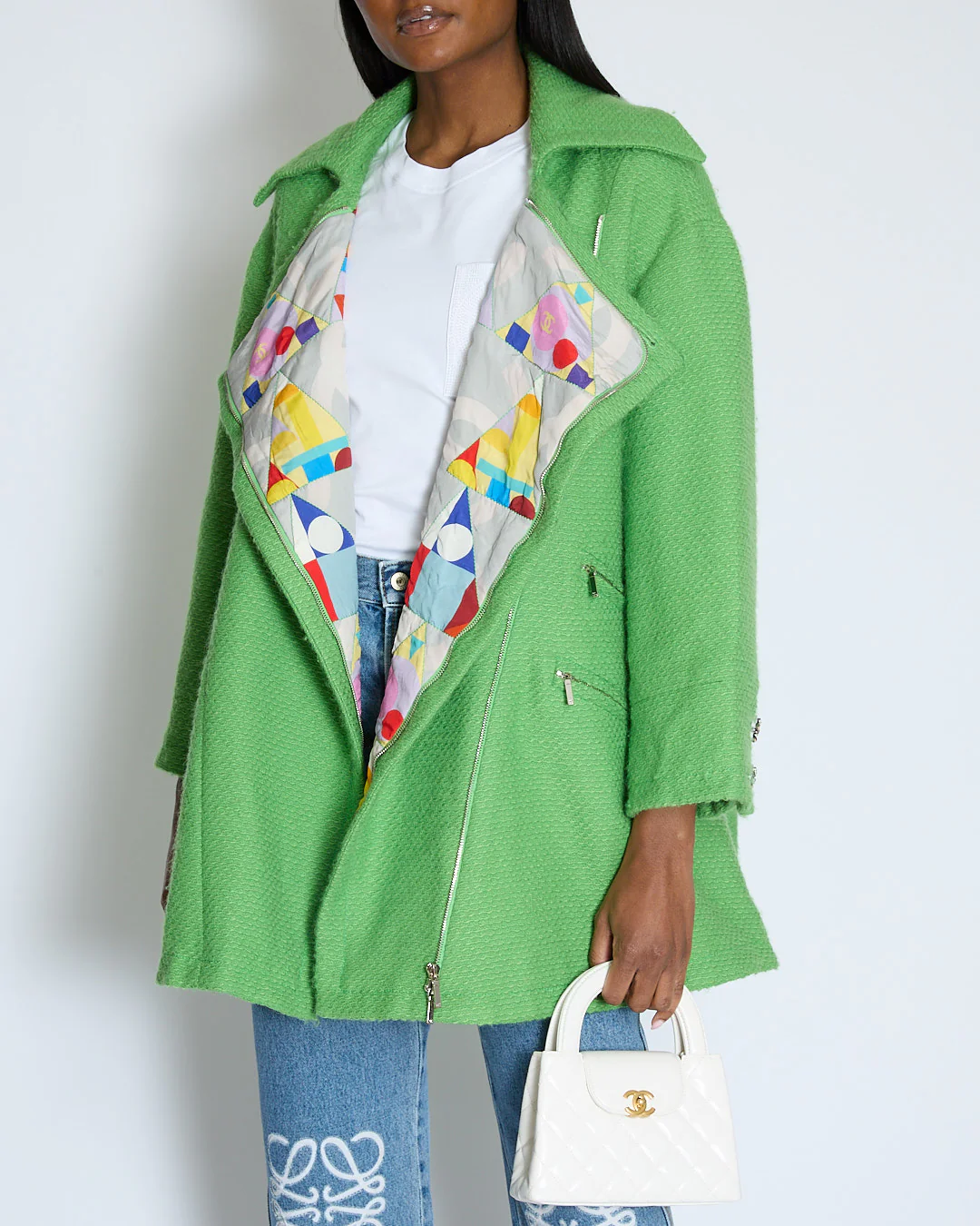 Chanel AW/14 Green Wool Tweed Coat with Pocket Details and Silver Embellished Logo Buttons Size FR 36 (UK 8) - Image 2