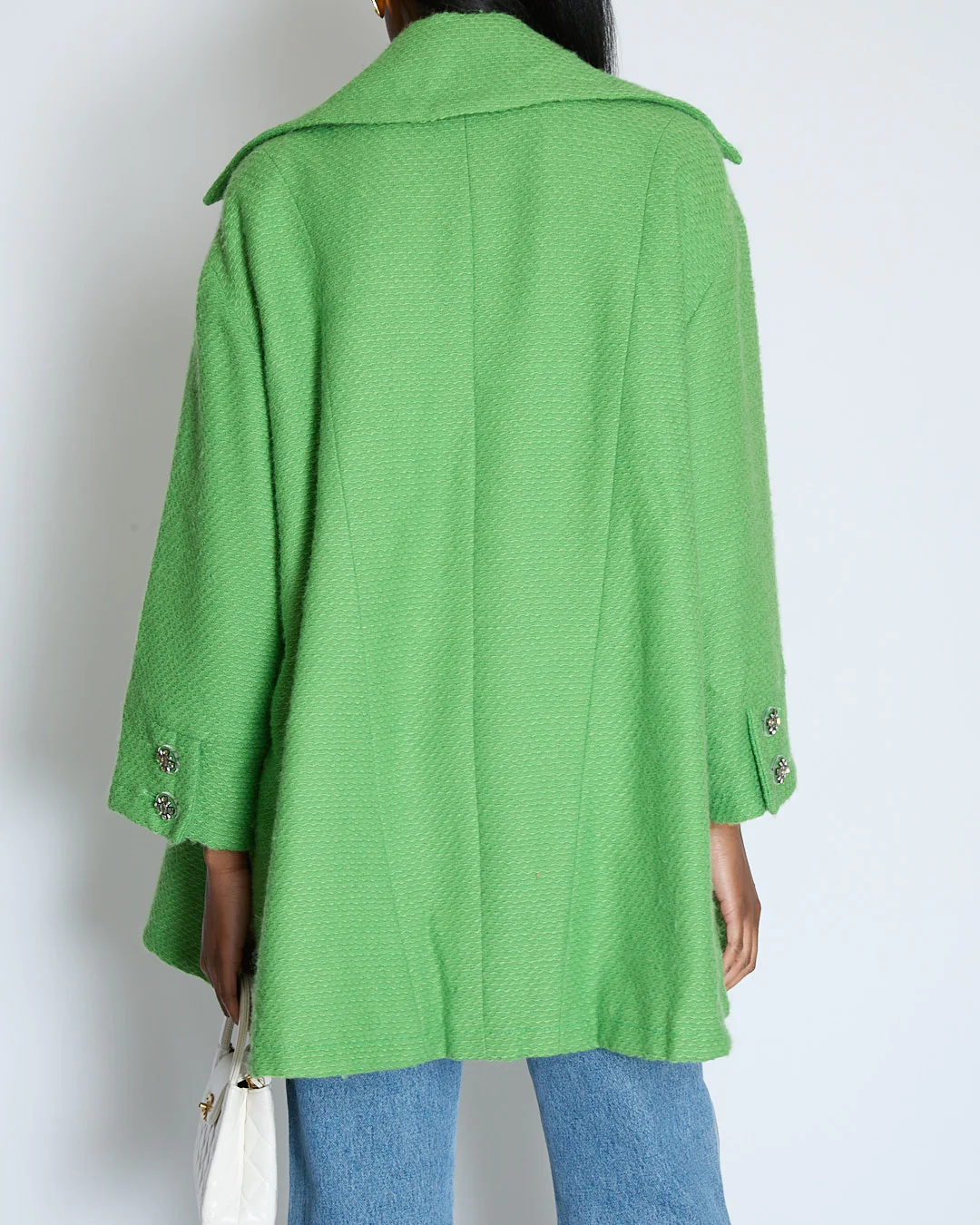 Chanel AW/14 Green Wool Tweed Coat with Pocket Details and Silver Embellished Logo Buttons Size FR 36 (UK 8) - Image 3